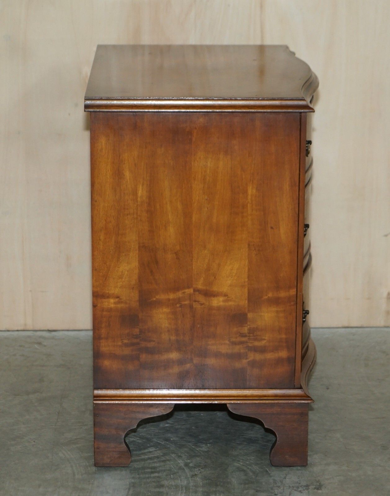 photo furniture Vintage Burr Walnut Bevan Funnell Serpentine Fronted Side Table Chest Of Drawers