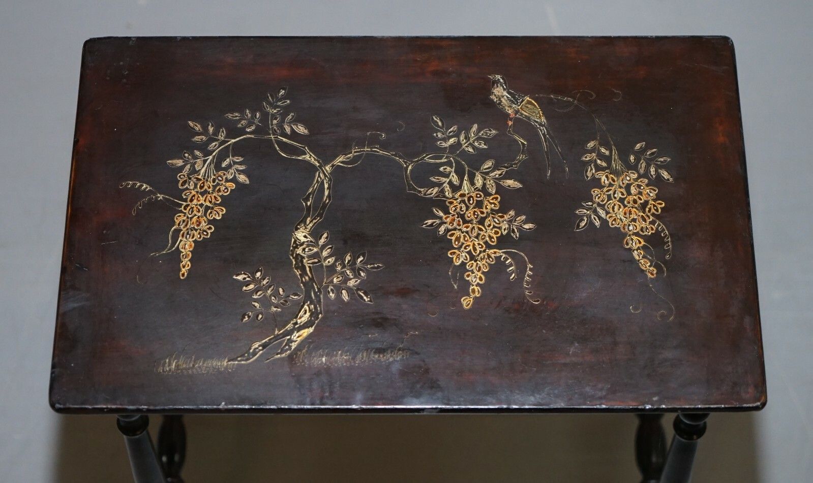 Nest Of Four Circa 1900 Chinese Chinoiserie Lacqurered Tables Hand Painted photo vintage
