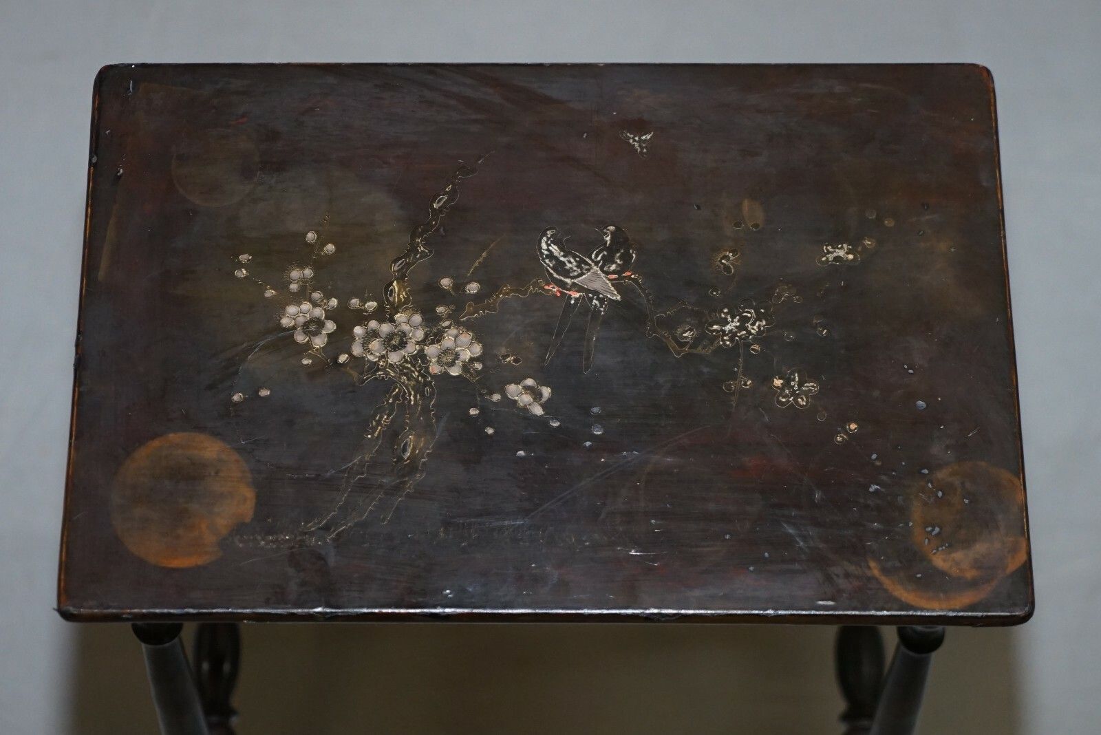 photo for sale Nest Of Four Circa 1900 Chinese Chinoiserie Lacqurered Tables Hand Painted