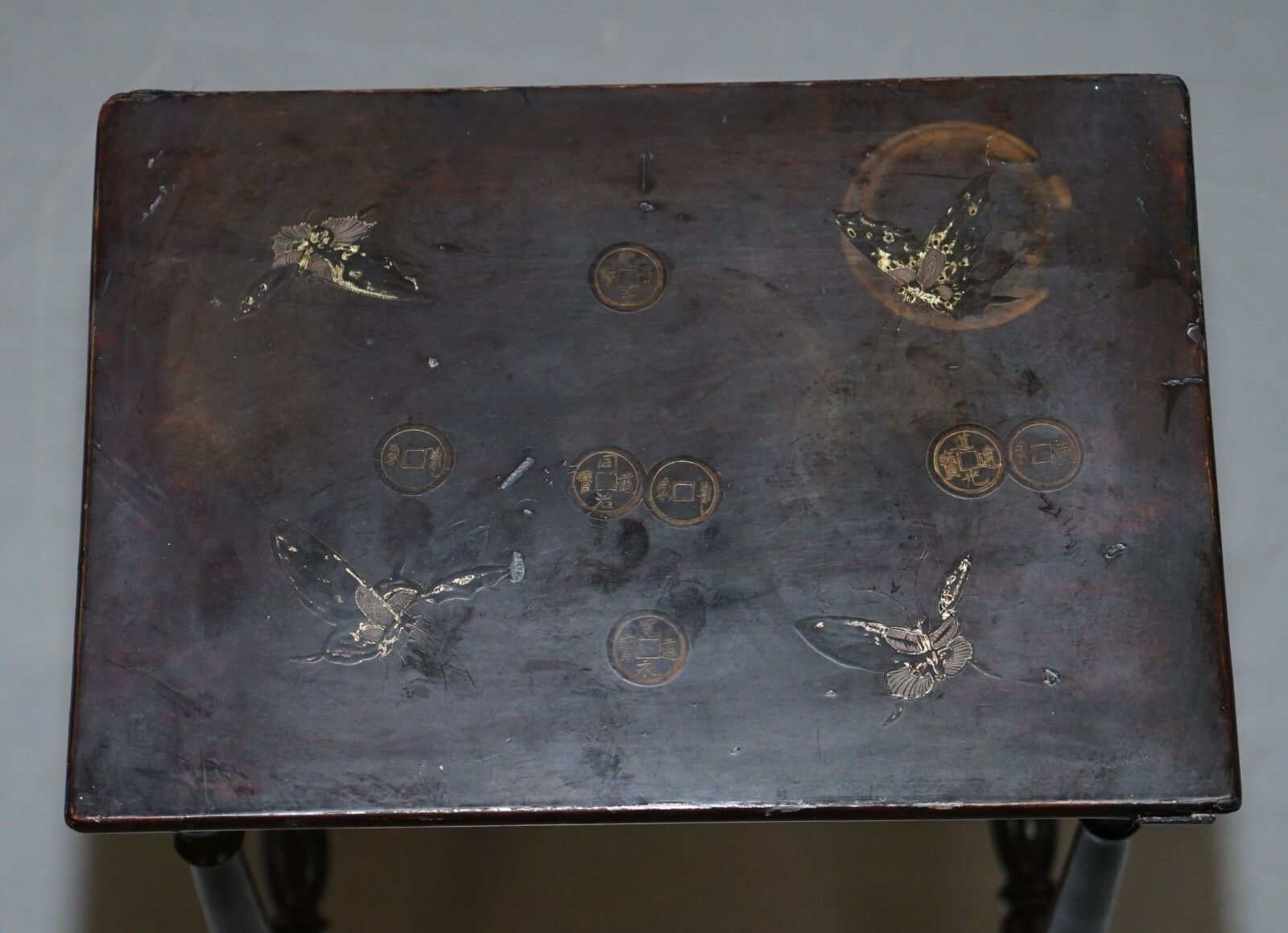 750.0 Nest Of Four Circa 1900 Chinese Chinoiserie Lacqurered Tables Hand Painted photo