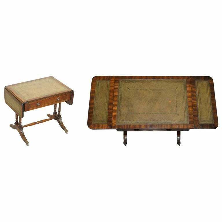 Large Bevan Funnell Green Leather Extending Mahogany Side End Lamp Card Table