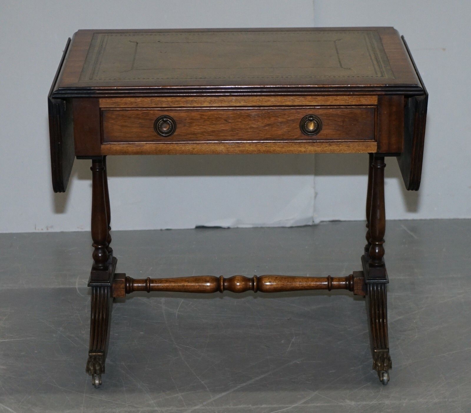 Large Bevan Funnell Green Leather Extending Mahogany Side End Lamp Card Table photo for sale