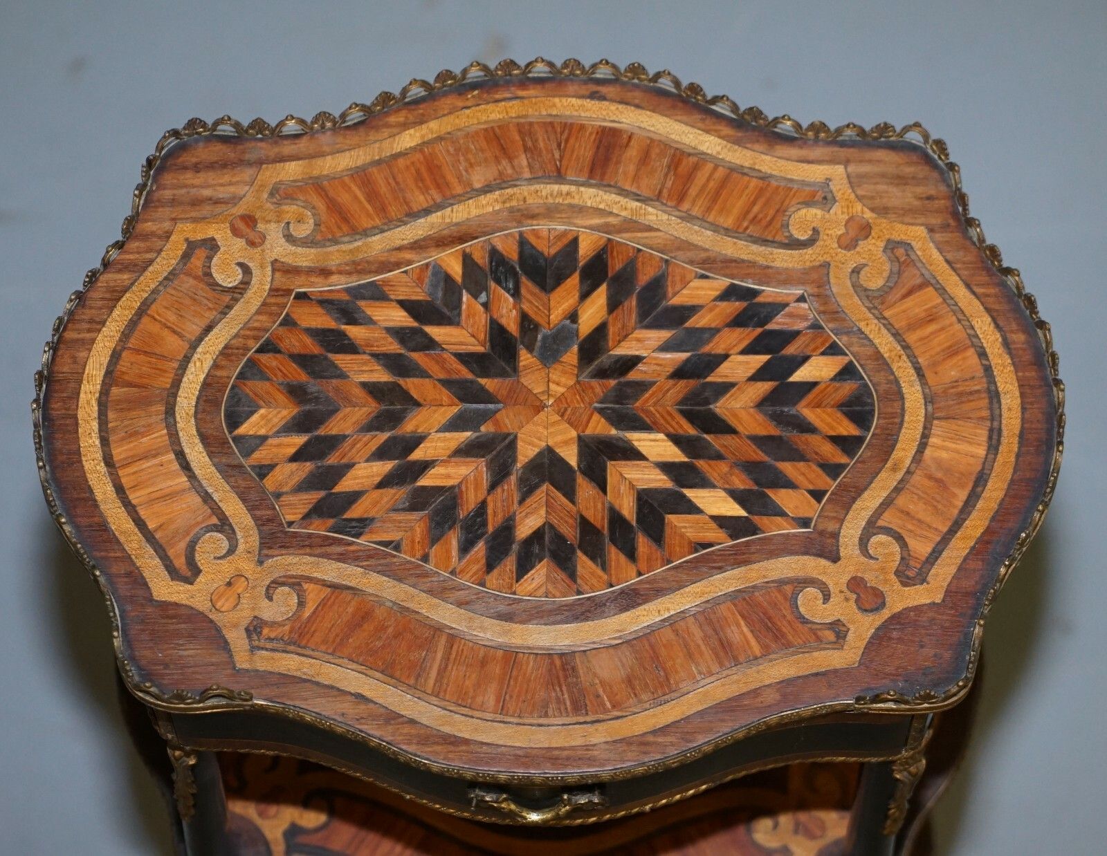 Napoleon III Brass Gallery Fruitwood Ebonised & Inlaid Three Tired Side Table photo for sale