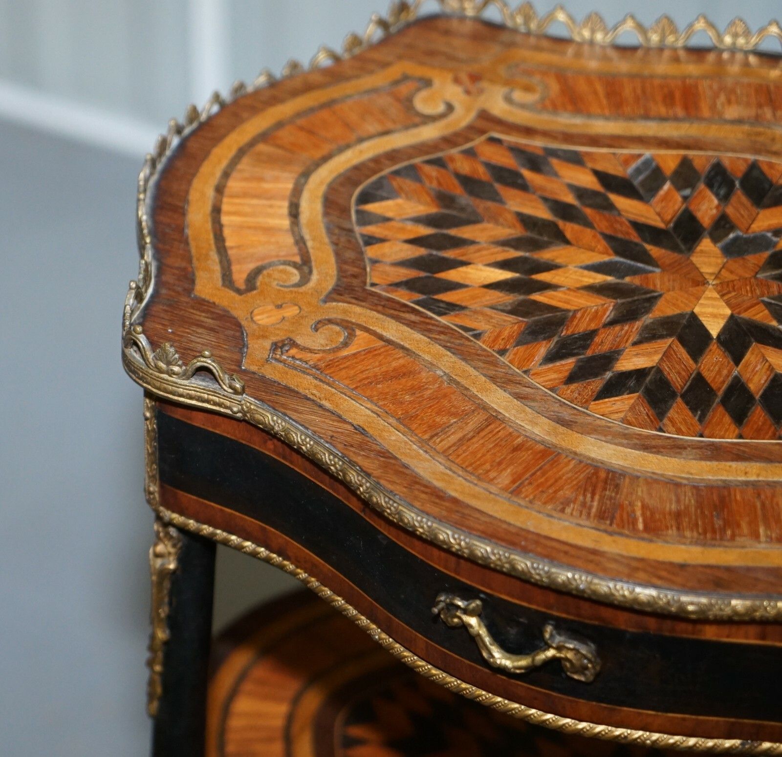 Napoleon III Brass Gallery Fruitwood Ebonised & Inlaid Three Tired Side Table photo Furniture