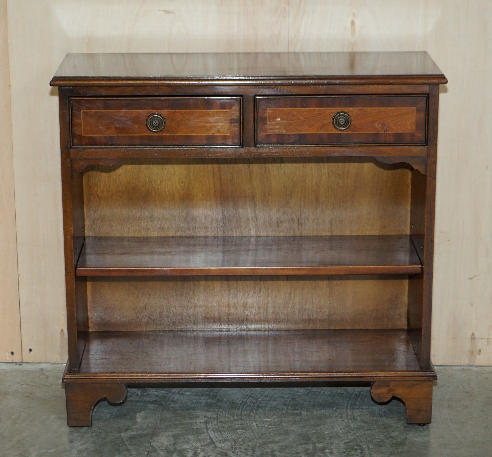 Vintage Two Drawer Bevan Funnell Flamed Mahogany Dwarf Open Library Bookcase photo furniture