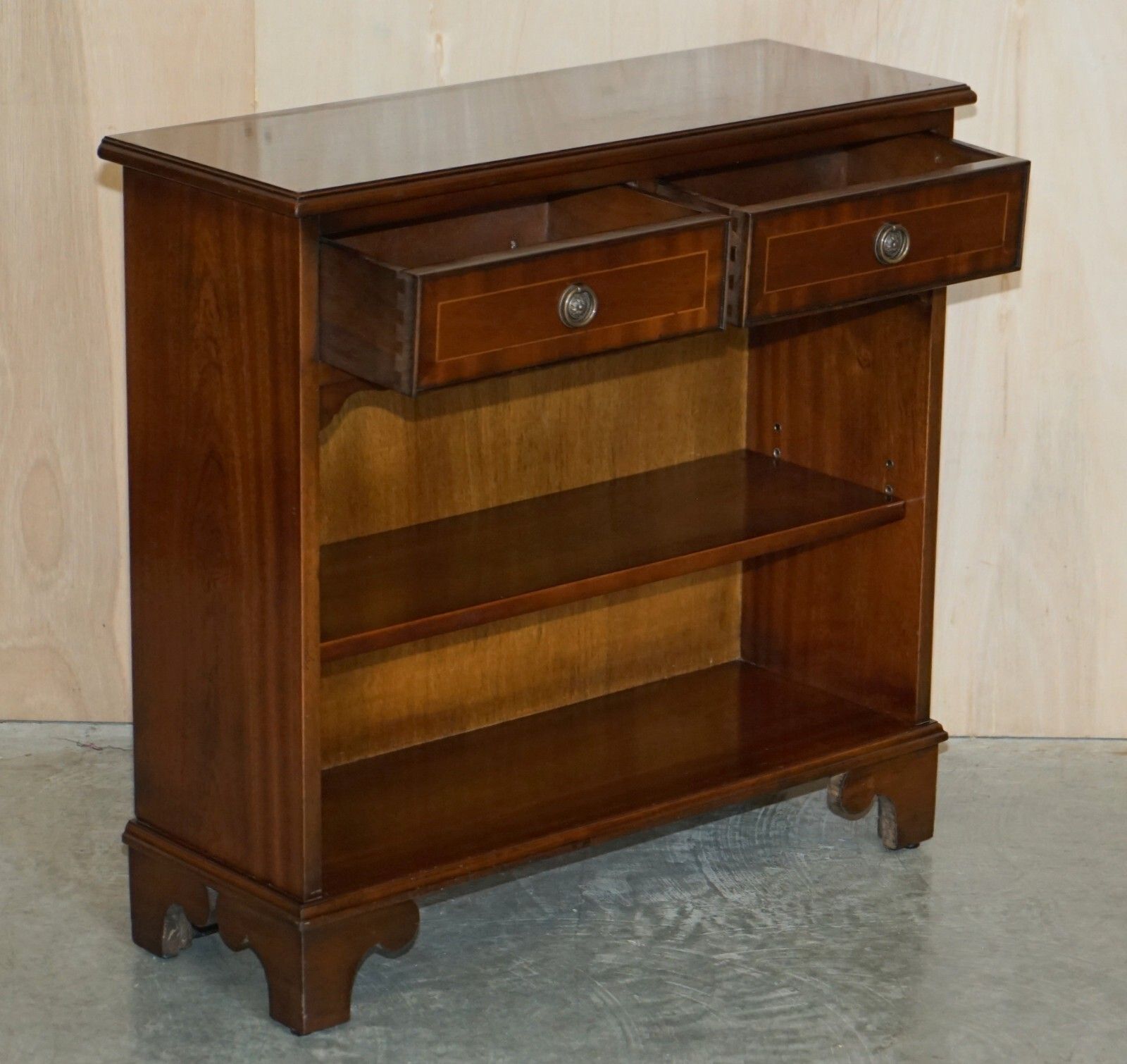 photo furniture Vintage Two Drawer Bevan Funnell Flamed Mahogany Dwarf Open Library Bookcase
