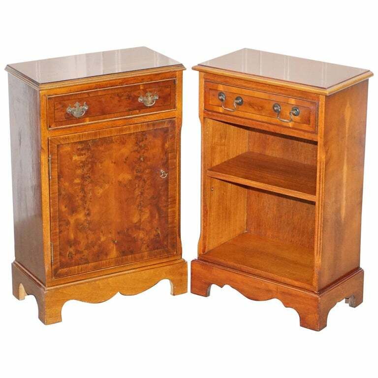 Pair Of Vintage Burr Yew Wood Lamp Side End Wine Table Cupboards With Drawers