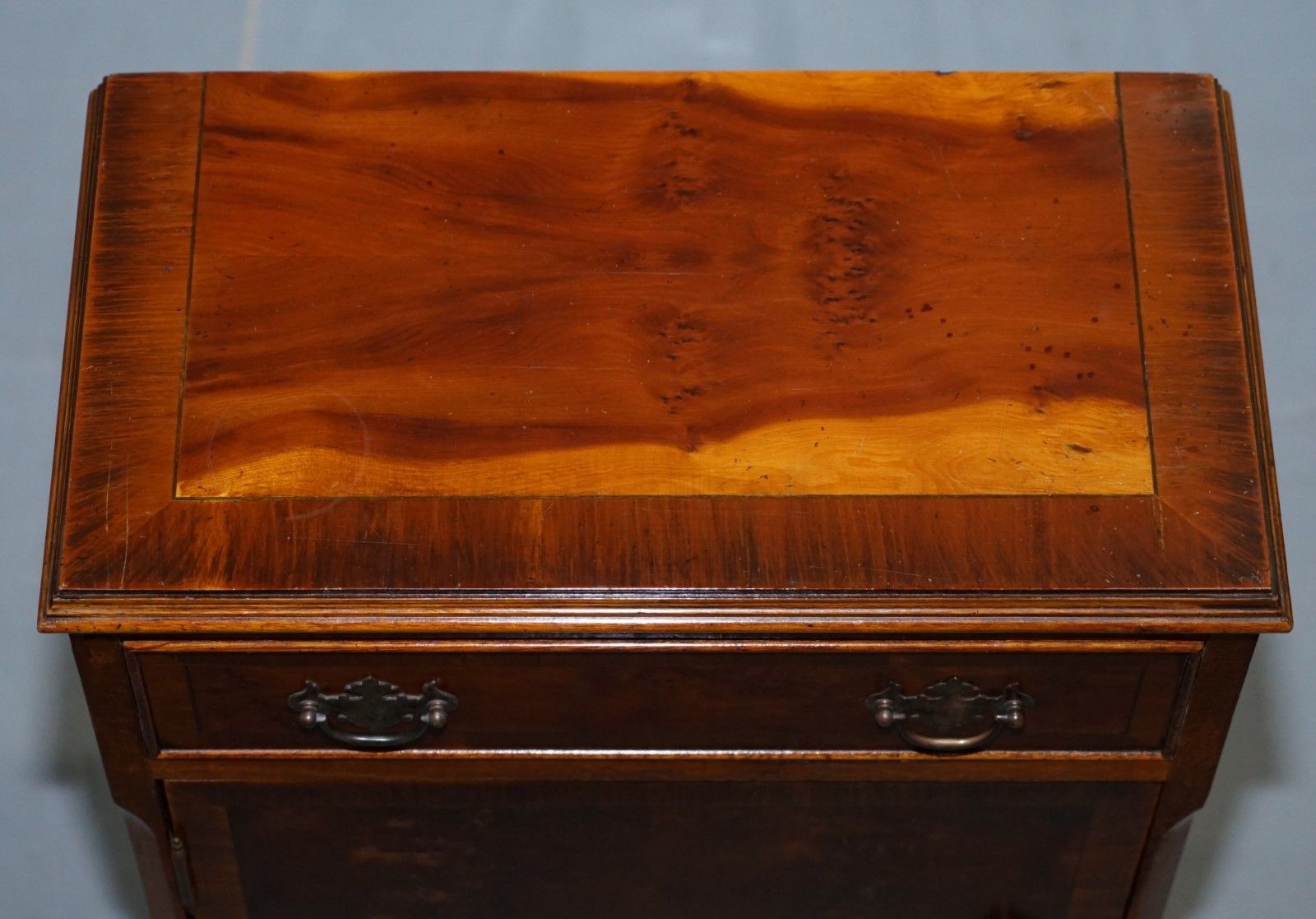 Pair Of Vintage Burr Yew Wood Lamp Side End Wine Table Cupboards With Drawers photo Furniture