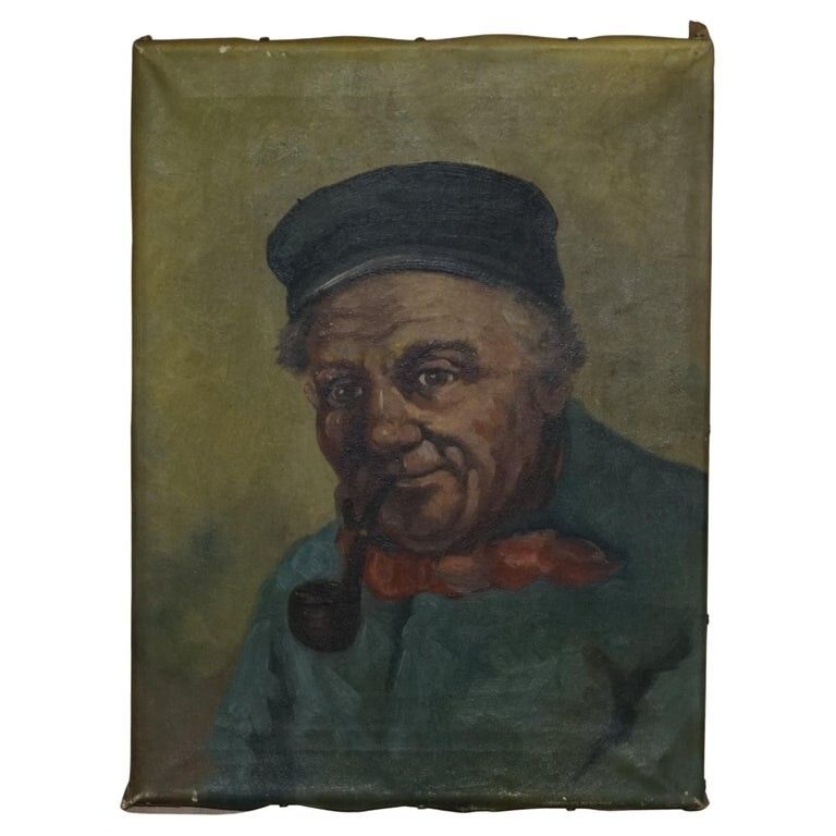 19th Century Dutch Oil On Canvas Painting Of Old Man Smoking A Pipe Part Suite