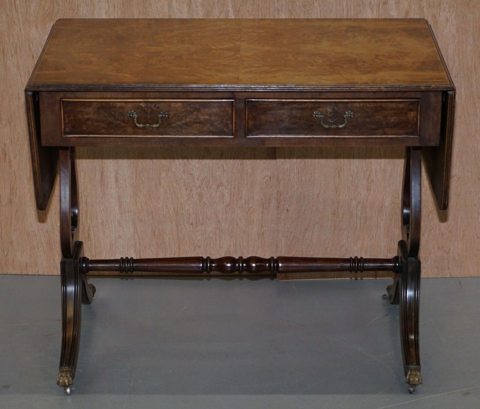 Large Extending Occasional Games Table In Burr Walnut Lion Paw Castors + Drawers photo furniture