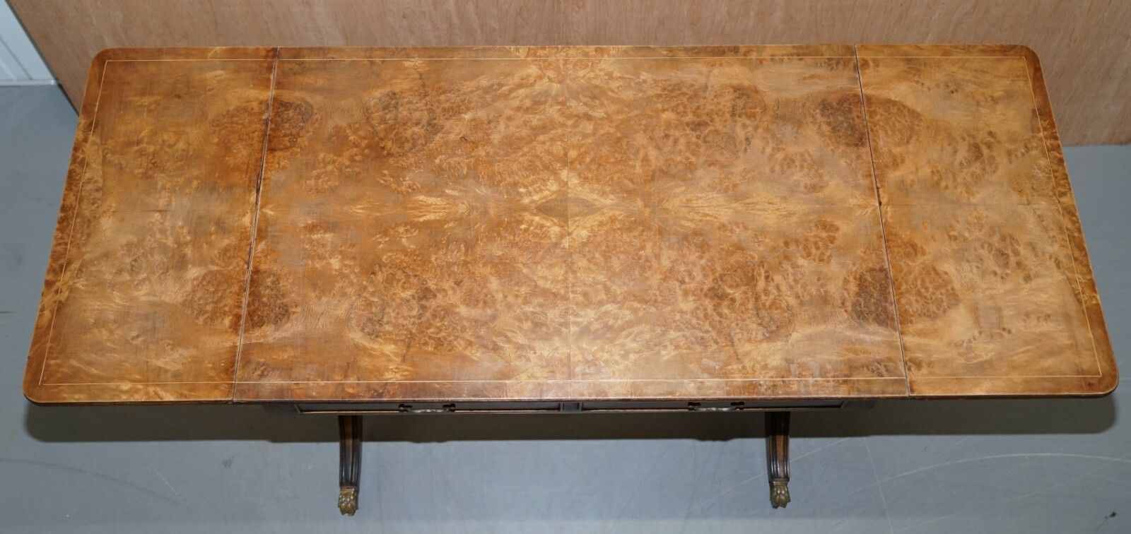 Furniture Large Extending Occasional Games Table In Burr Walnut Lion Paw Castors + Drawers photo