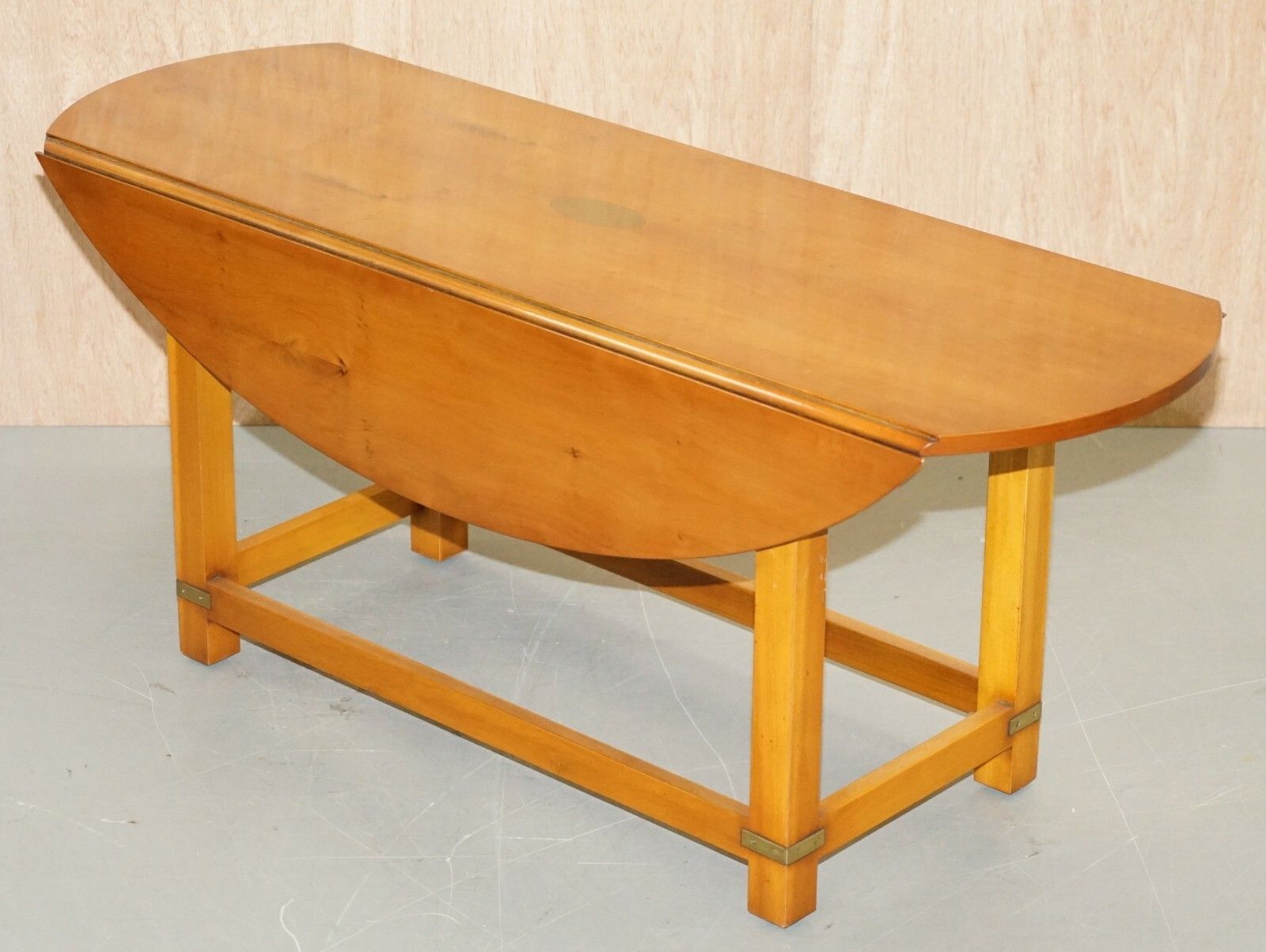 photo furniture Workshop New Bevan Funnell Burr Yew Wood Extending Oval Campaign Coffee Table