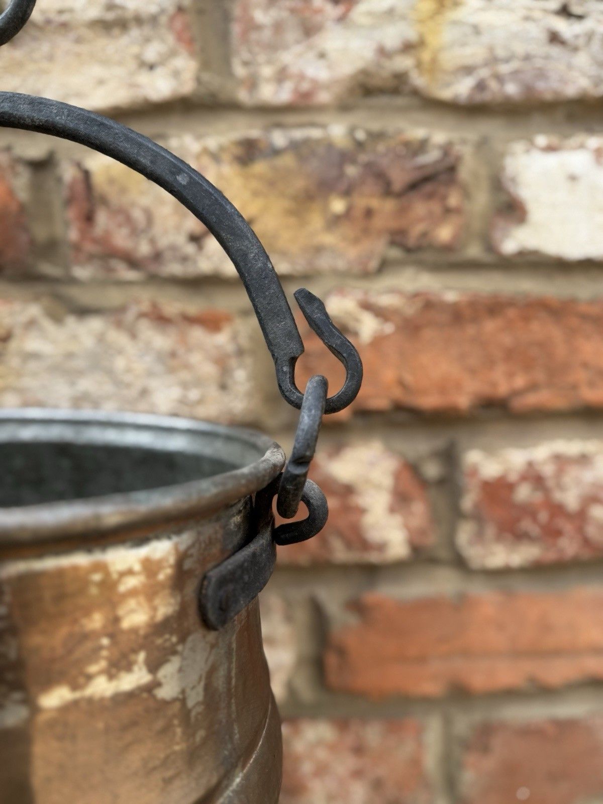 Antique Copper Cauldron Pot With Wrought Iron Handle – Rustic Garden Planter A photo for sale