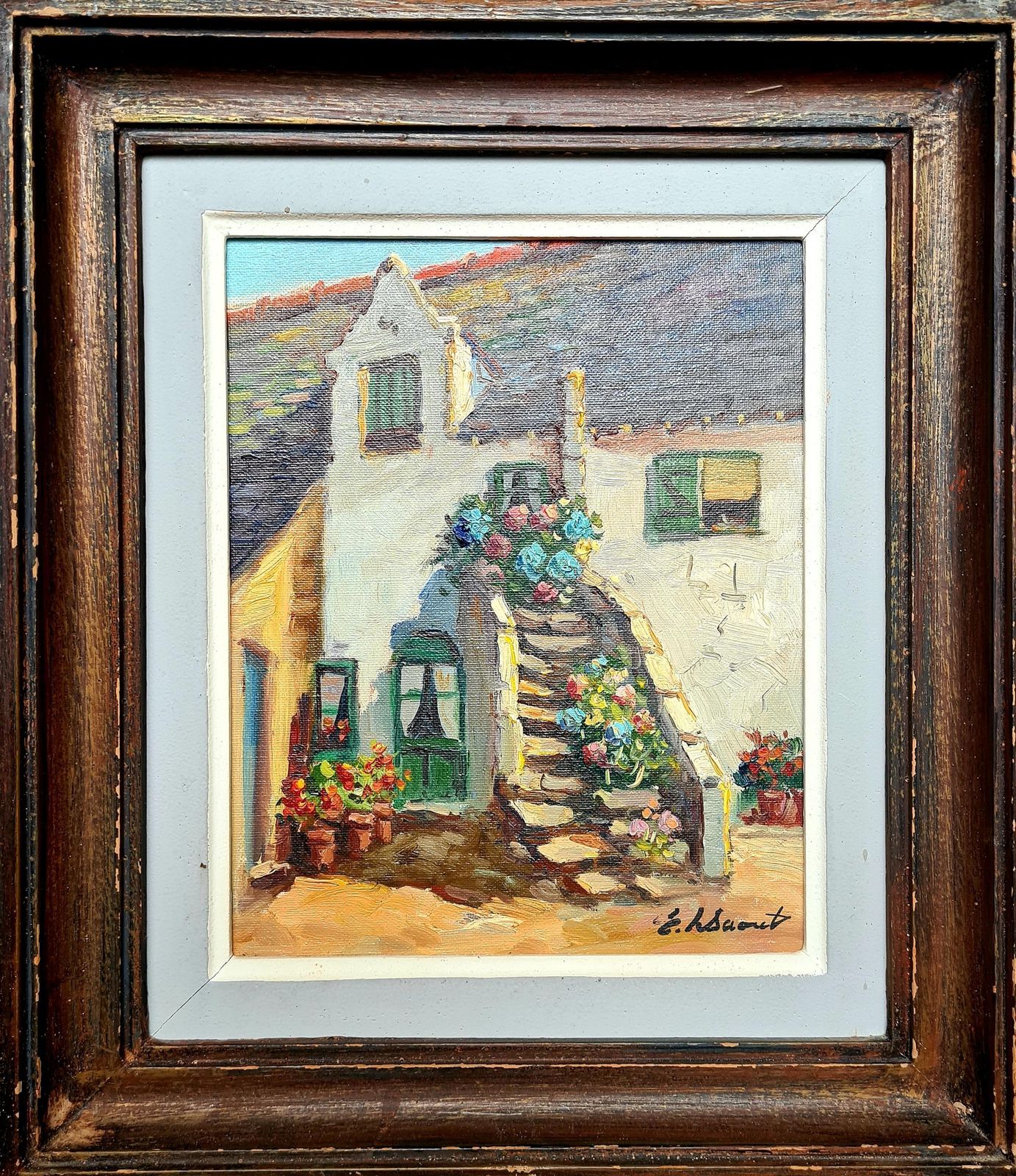 Geraniums And Flowers On A Cottage Staircase, French Mid Century Oil On Canvas From The 1950s By Edouard Le Saout photo furniture