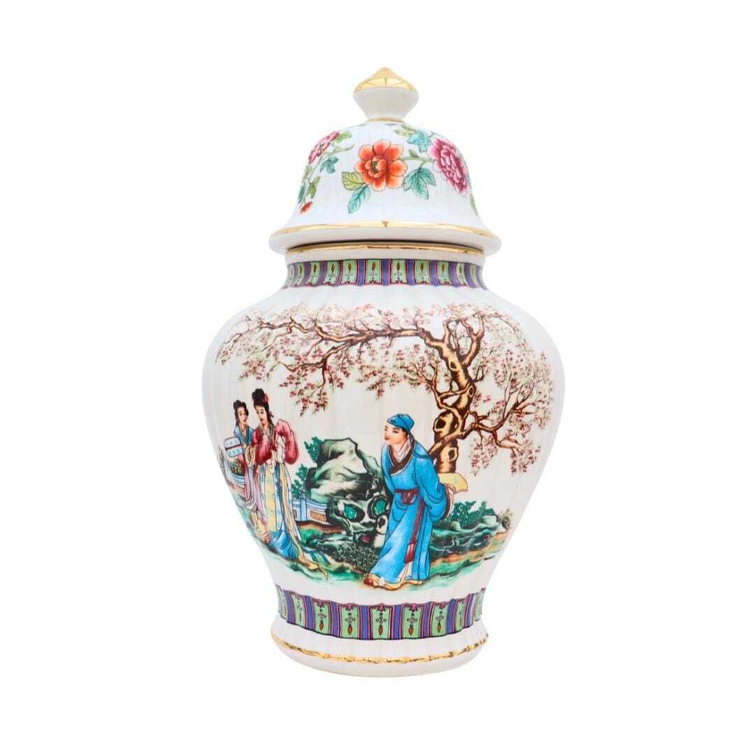Large Chinoiserie Ginger Jar By V V Carraresi Made In Italy, 15.5'' Tall Chinese Court Scene And Chinese Symbols. photo vinterior
