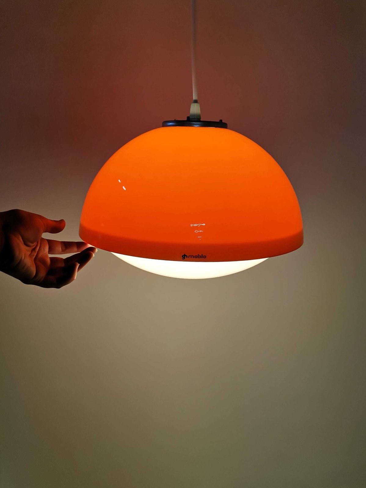 photo for sale Mid Century Small Ufo Pendant Light / Orange And White Acrylic / Guzzini Italy And Meblo Yugoslavia (1 Of 2)