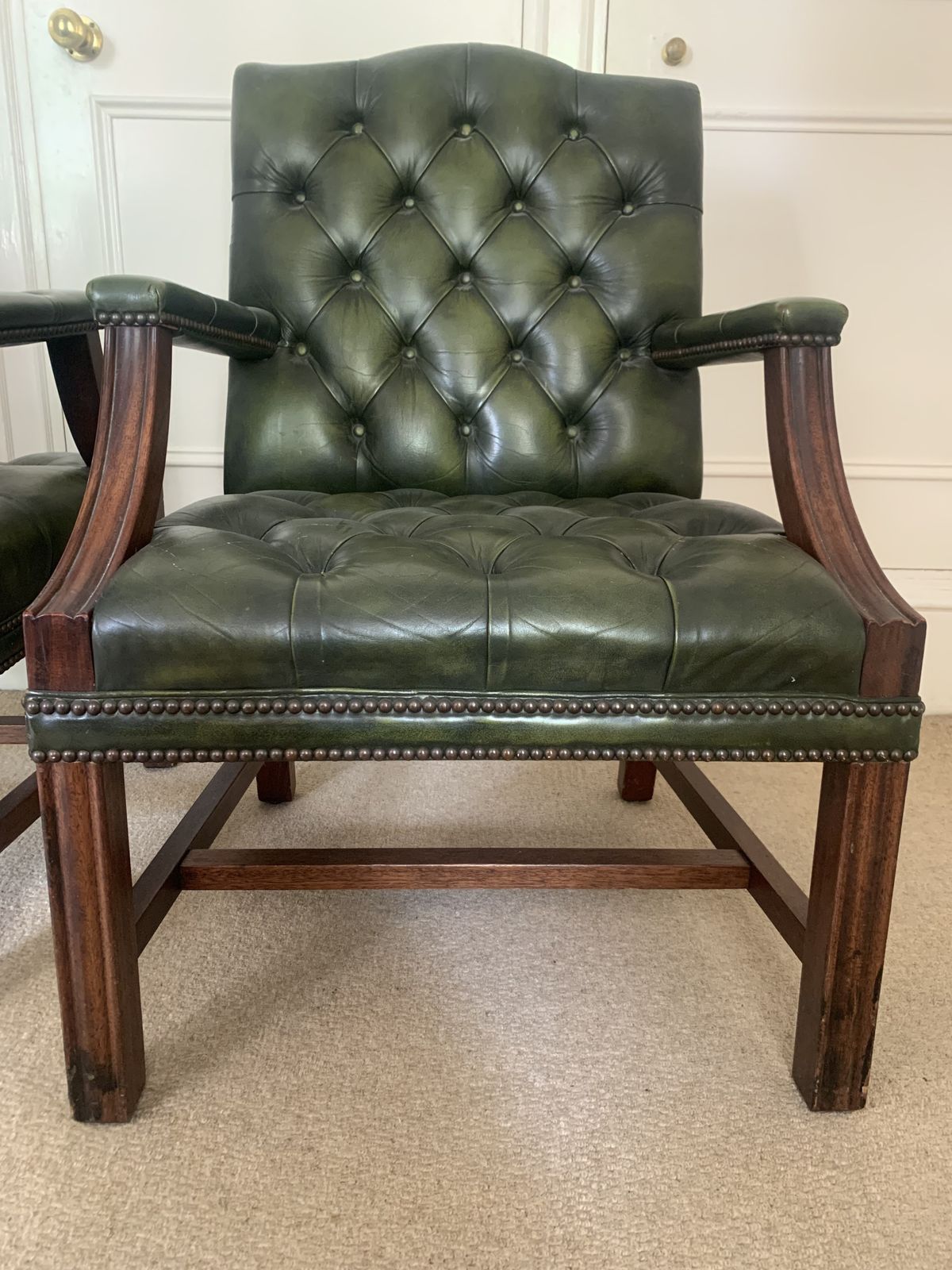 photo furniture Pair Of Dark Green Leather Chesterfield Style Button Back Library Armchairs | Millbrook 20th Century