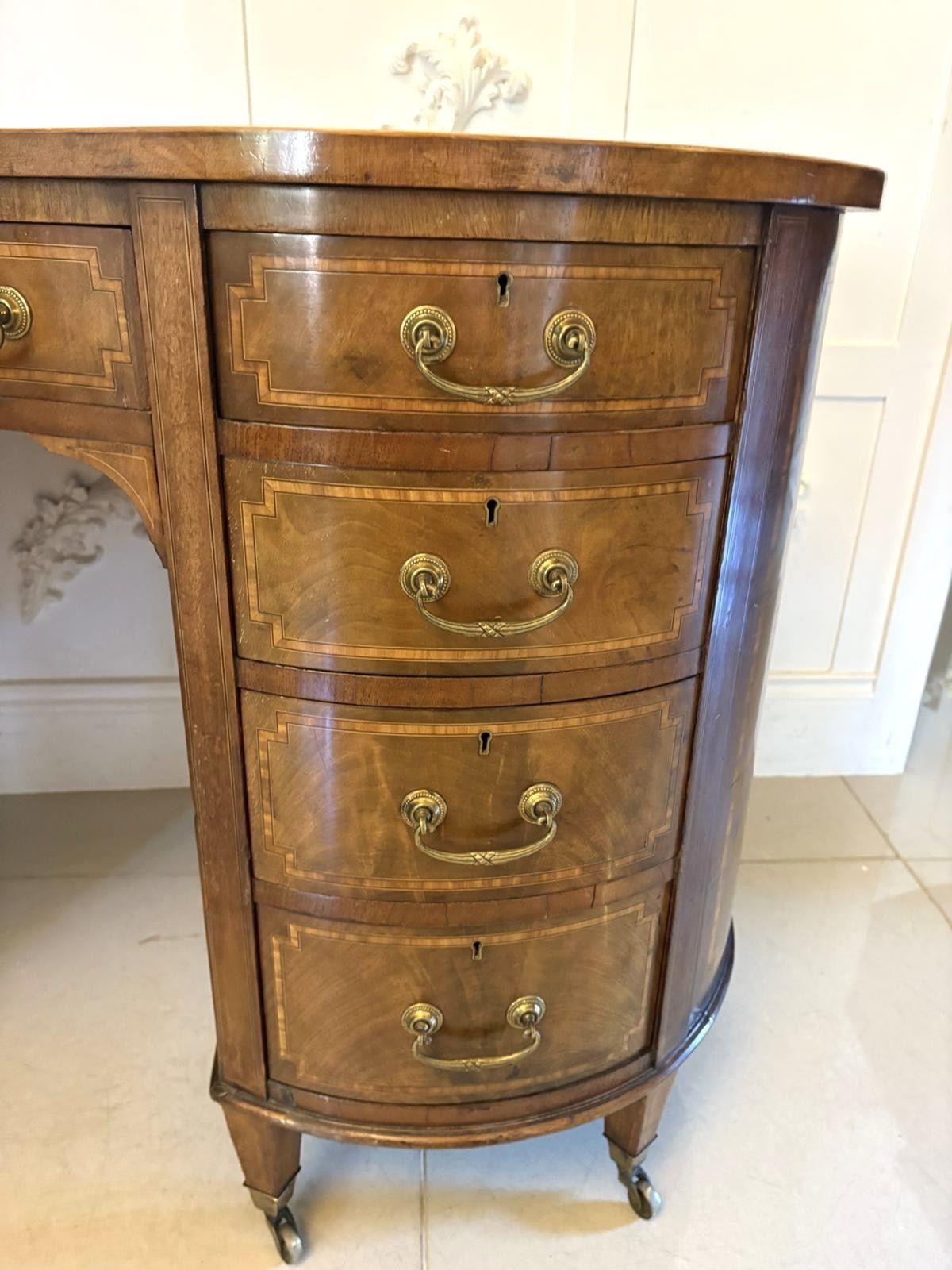 Furniture Large Antique Quality Inlaid Mahogany Freestanding Kidney Shaped Desk photo