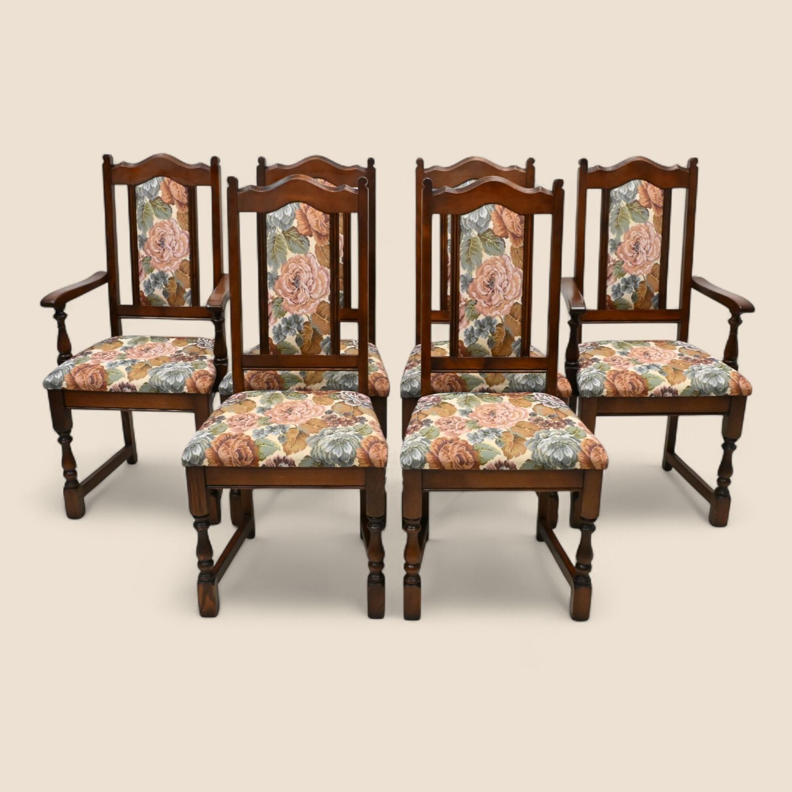 6 Old Charm Dining Chairs Upholstered Tudor Brown Frames Free Uk Delivery*