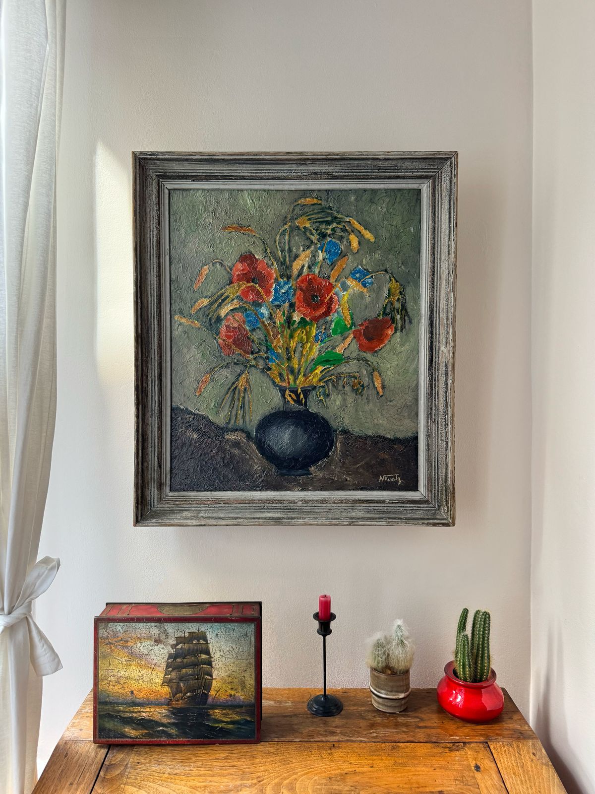Antique Floral Oil Painting In Original Frame — Signed By N. Kurtz (1930s) photo furniture