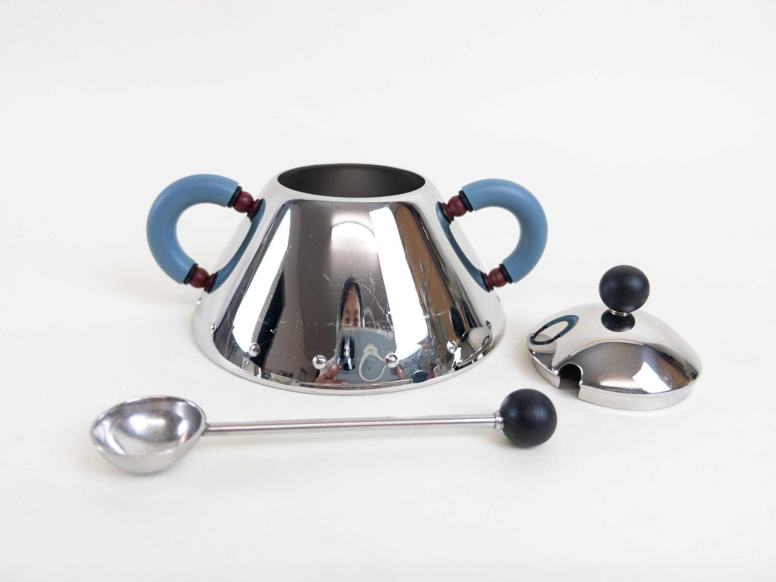 Alessi Sugar And Creamer Set With 11 Coffee Spoons Designed By Michael Graves   Postmodern Design photo vinterior