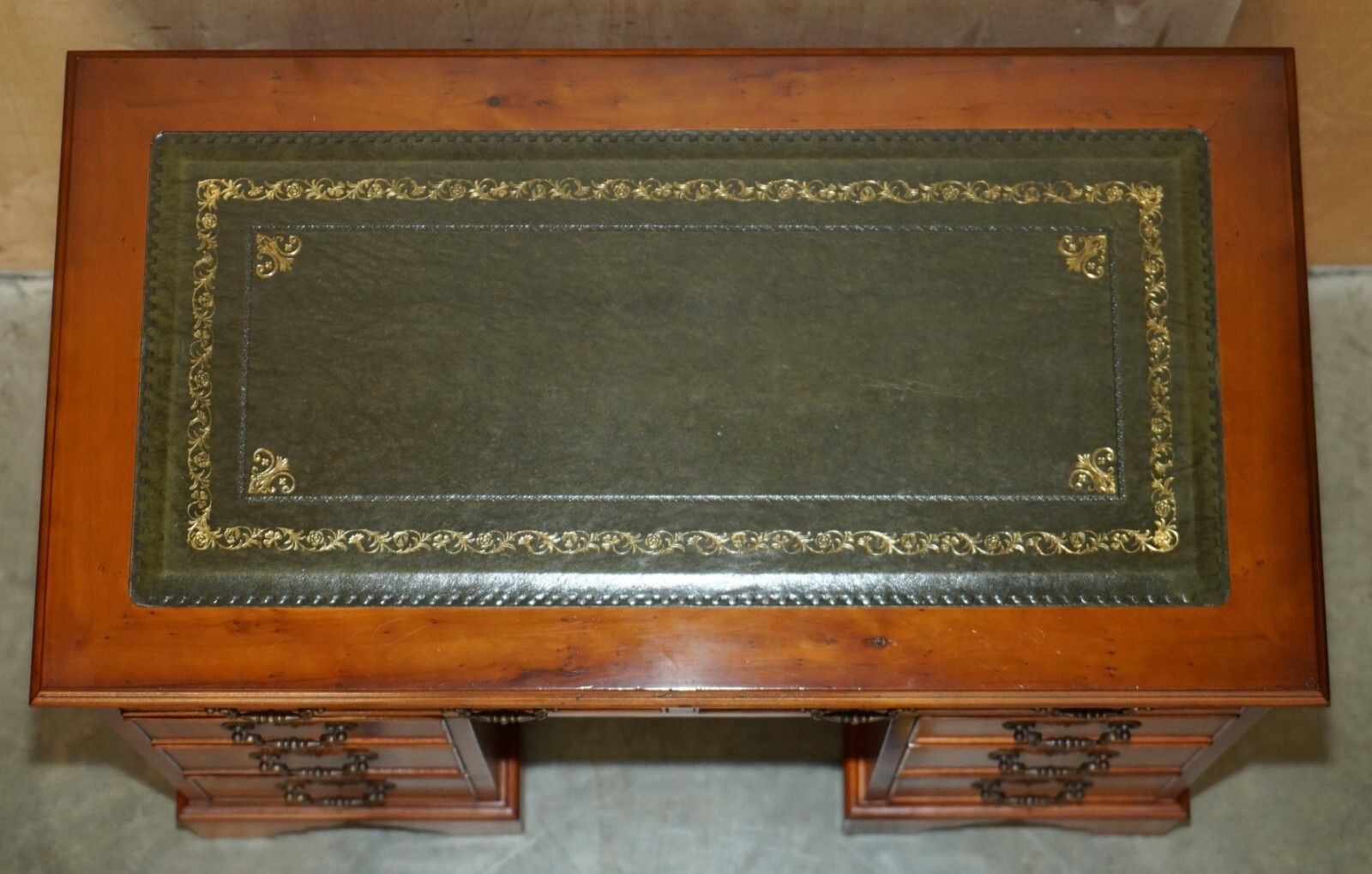 photo for sale Stunning Small Burr & Burl Yew Wood With Green Leather Top Twin Pedestal Desk