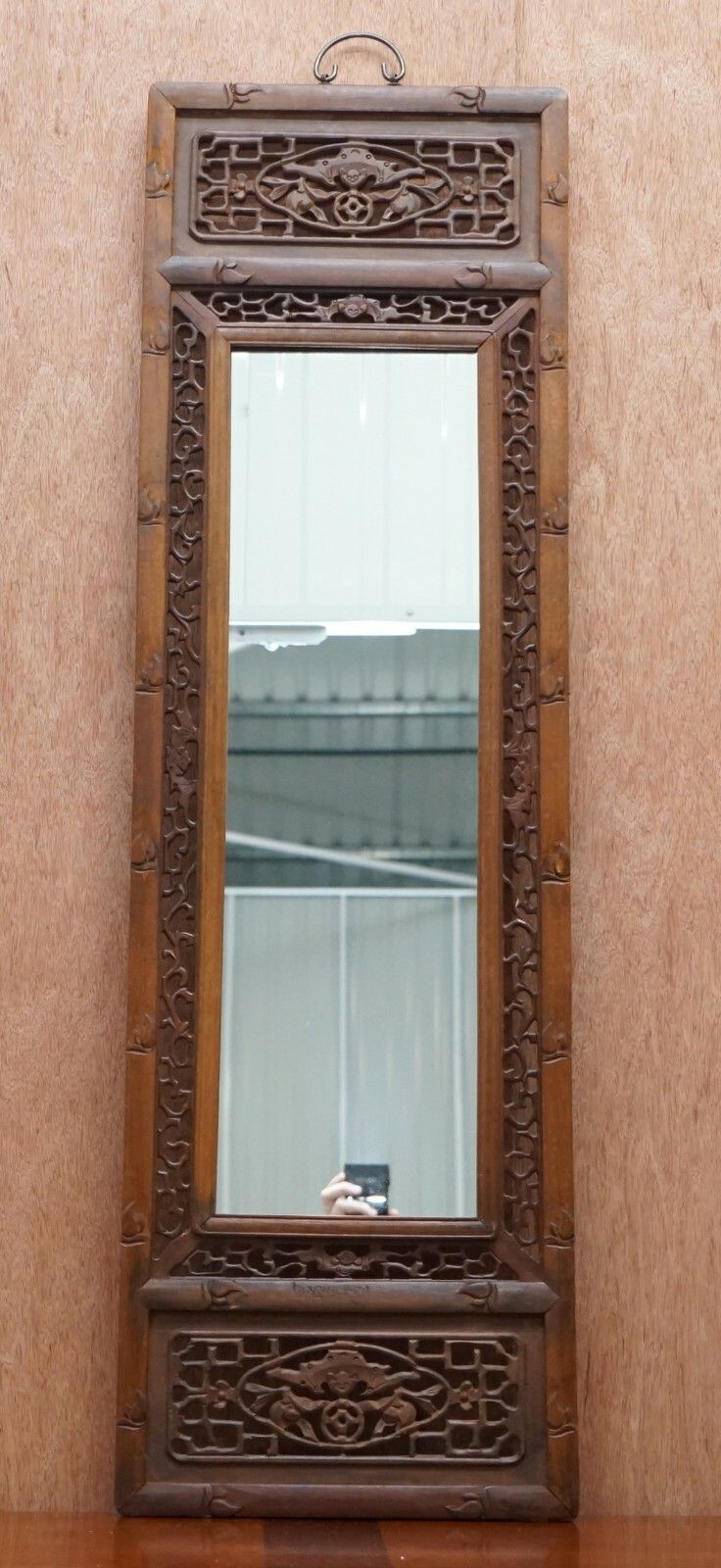 Carved Chinese Wood Mirror Panel Depicting Bats Symbol Of Happiness Good Fortune photo furniture