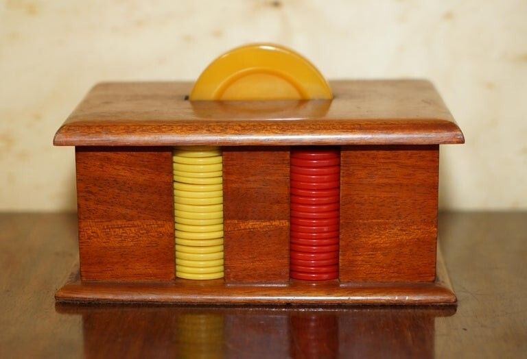 Antique Circa 1920 Art Deco Casion Chip Poker Set With Bakelite Handle Case photo furniture