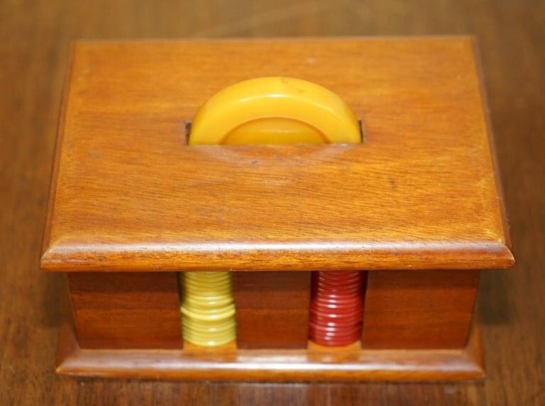 photo for sale Antique Circa 1920 Art Deco Casion Chip Poker Set With Bakelite Handle Case