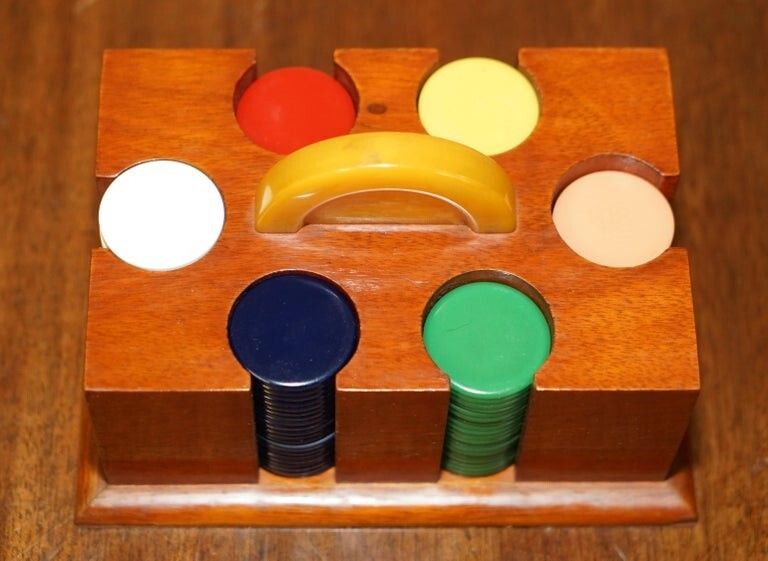 photo buy Antique Circa 1920 Art Deco Casion Chip Poker Set With Bakelite Handle Case