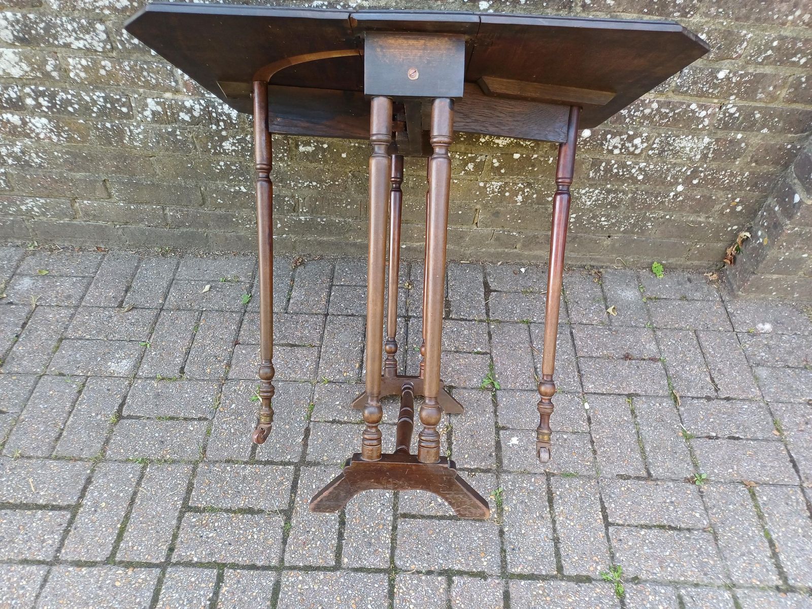 photo for sale Antique Solid Mahogany Inlaid Sutherland Table 19thc Drop Leaf Folding Occasional Side Lamp Tea Table With Turned Legs & Porcelain Castors