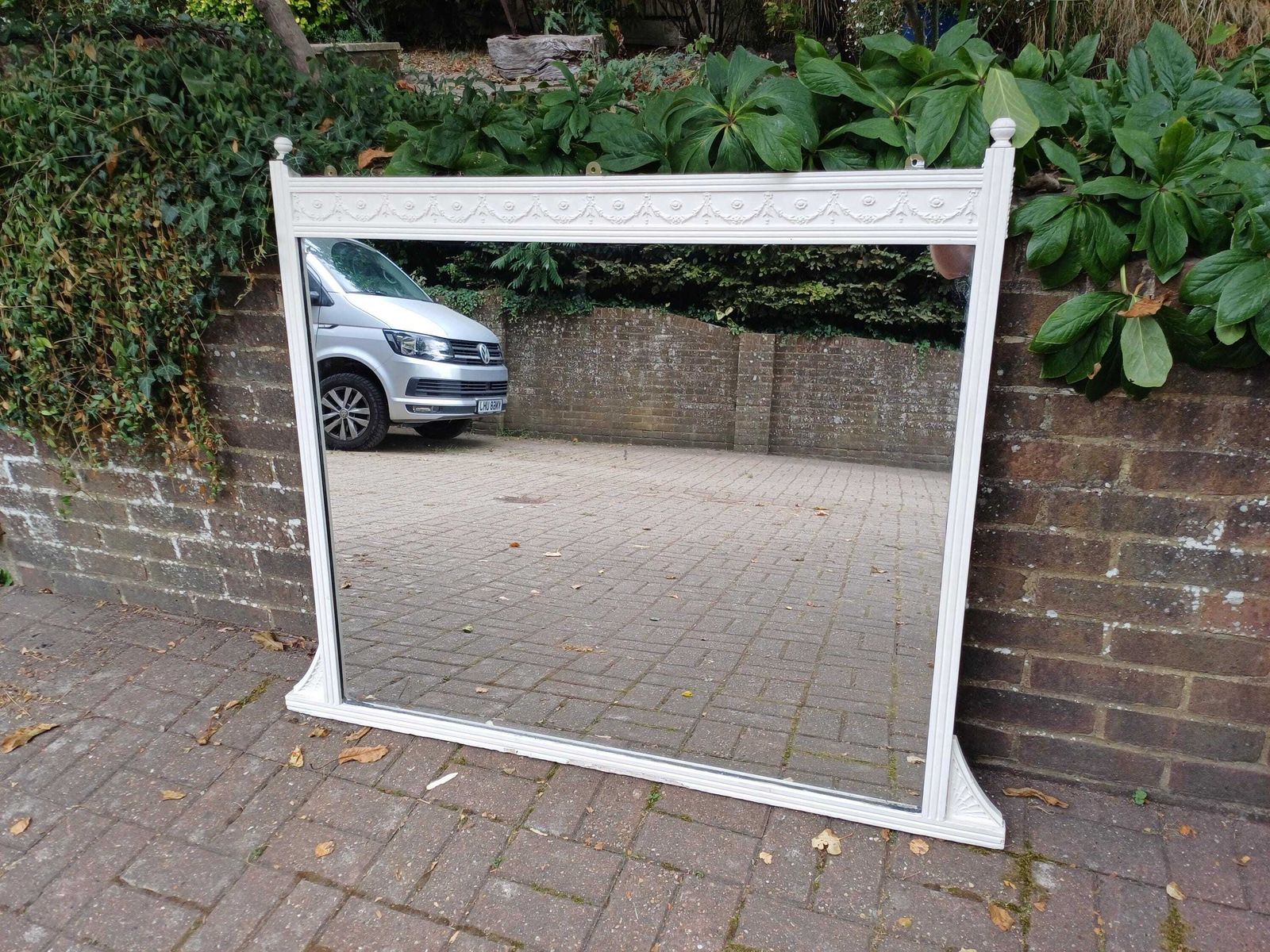 Enormous Victorian Overmantel Mirror C.1880–1900, White Painted Frame With Gesso Swag & Rosette Decoration, Grand Antique photo vintage
