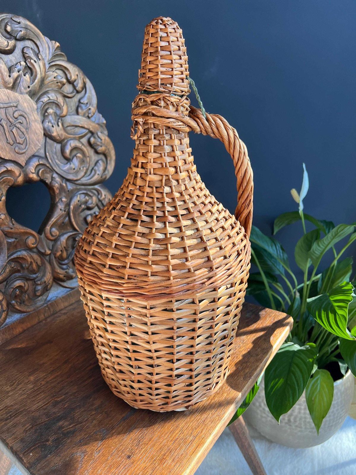 Vintage Woven Wicker Demijohn | Rustic Farmhouse Glass Bottle | Antique Carboy With Handle | French Country Decor | Boho Wedding Vase photo 143.0