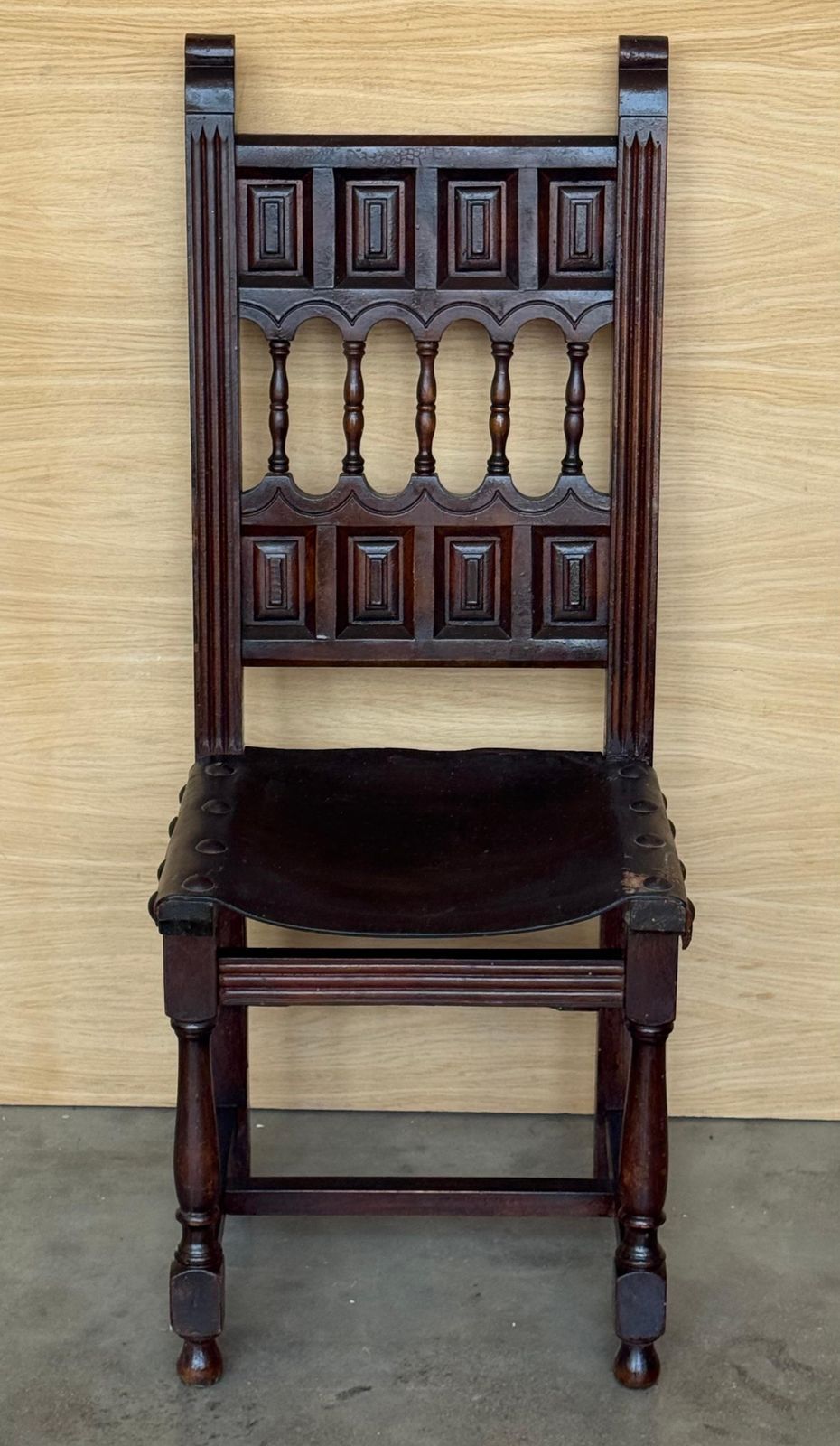 XIX Set Of Six Carved Spanish Chairs With Leather Seat And Back photo for sale