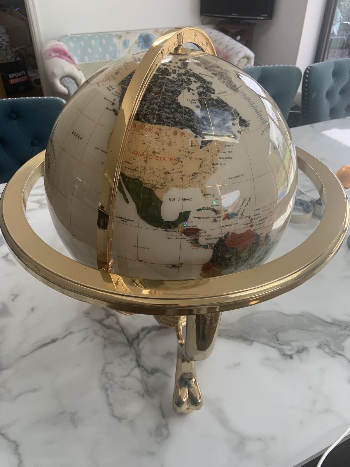 Mid 20th Century Pietra Dura World Globe With Brass Meridian & Footed Stand photo furniture