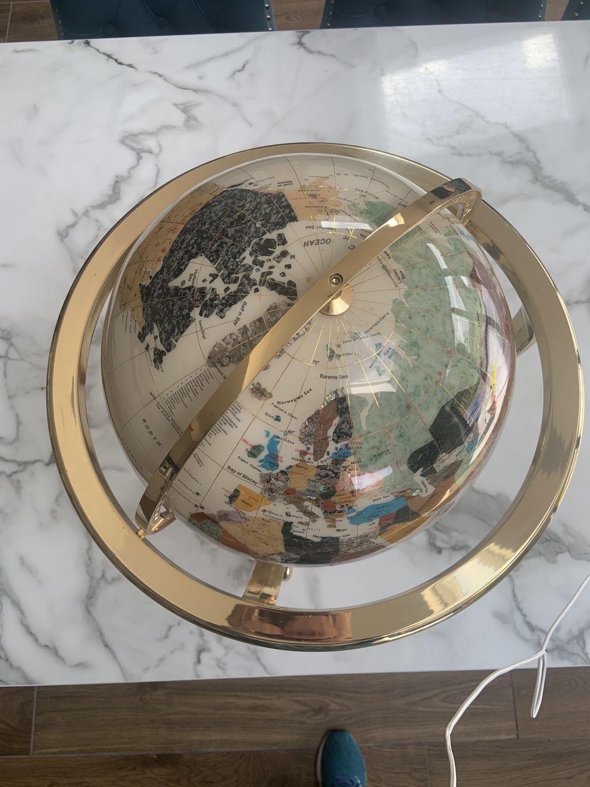 Mid 20th Century Pietra Dura World Globe With Brass Meridian & Footed Stand photo 500.0