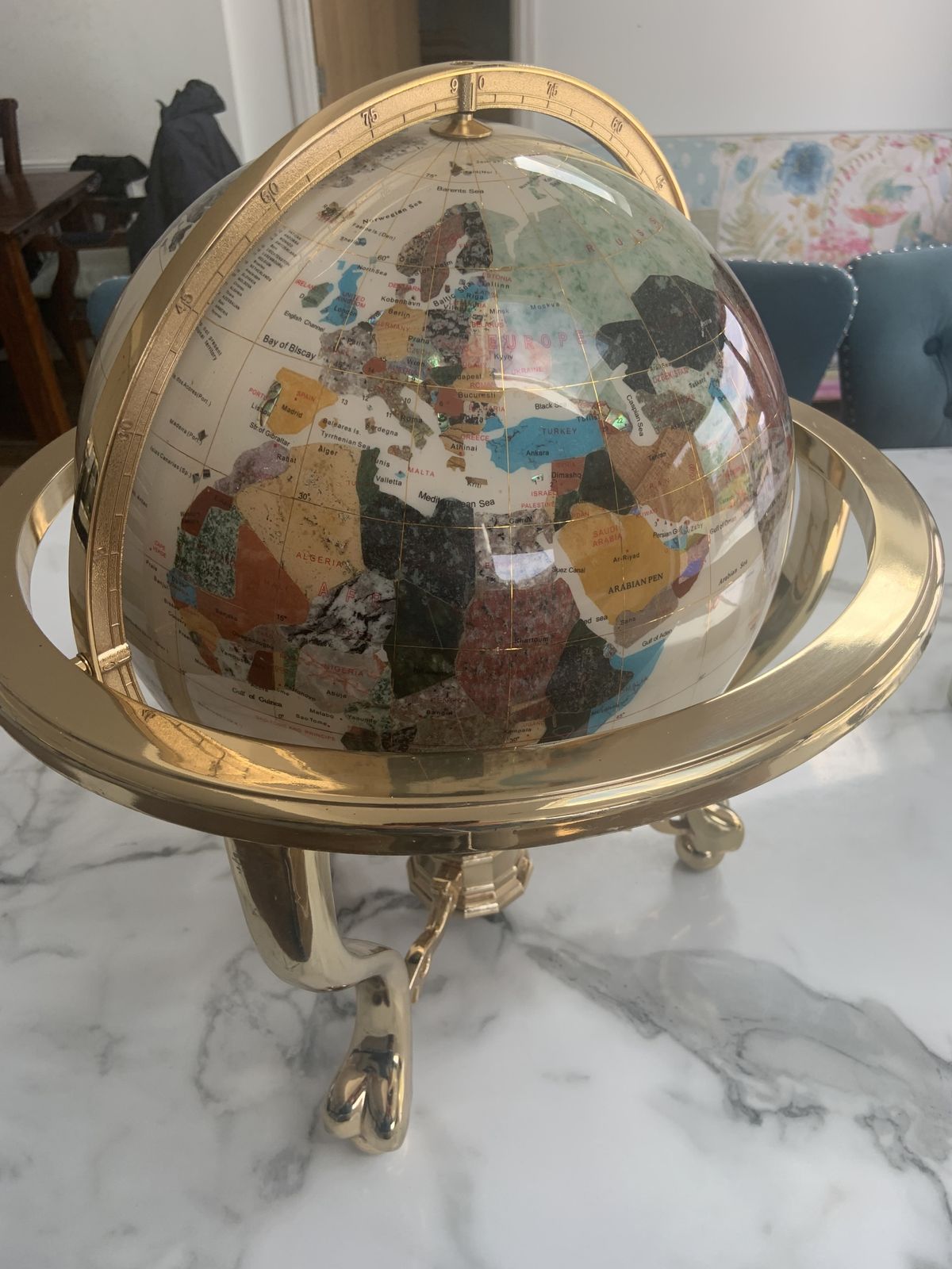 Mid 20th Century Pietra Dura World Globe With Brass Meridian & Footed Stand photo vintage
