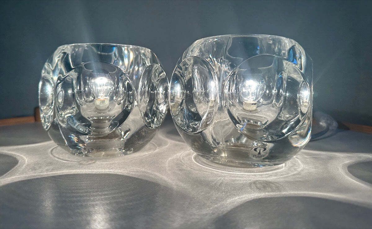 Pair Of 1970s German Peill & Putzler Clear Circular Concave Glass Table Lamps photo furniture