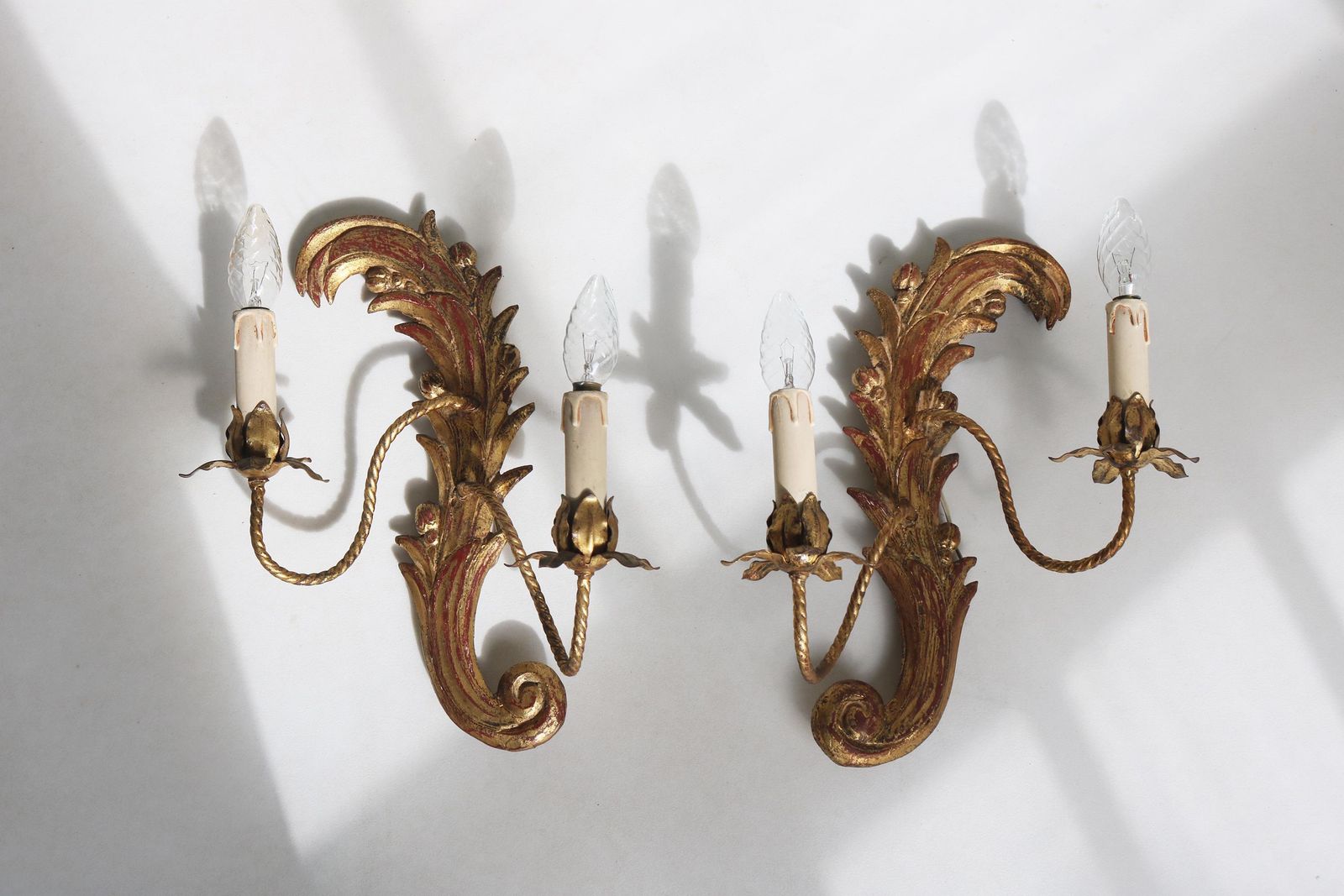 Antique Italian Florentine Giltwood Leaf Wall Sconces, 1940s, Set Of 2 photo furniture