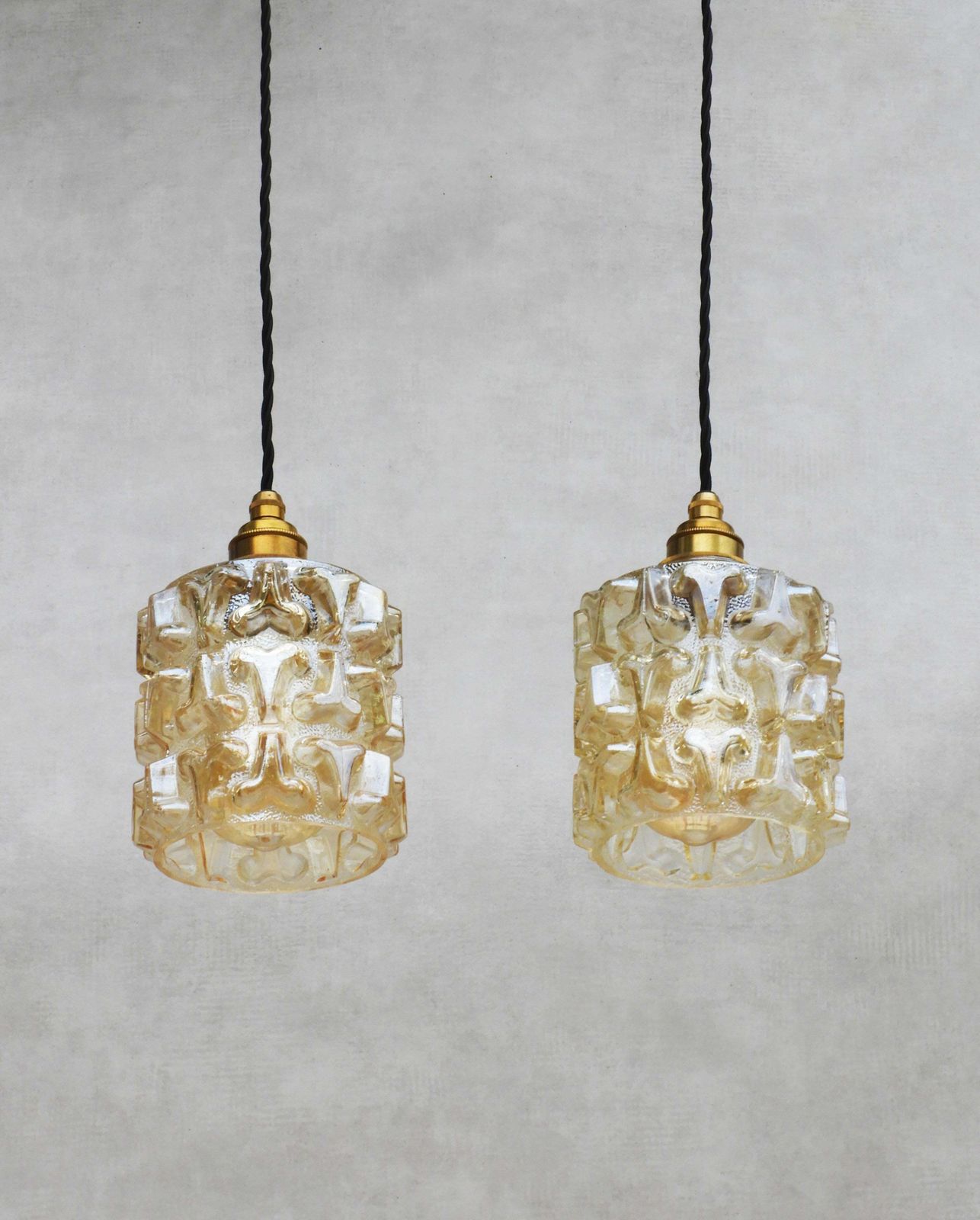 Pair French Mid Century Amber Glass Pendant Lights C1970 photo furniture