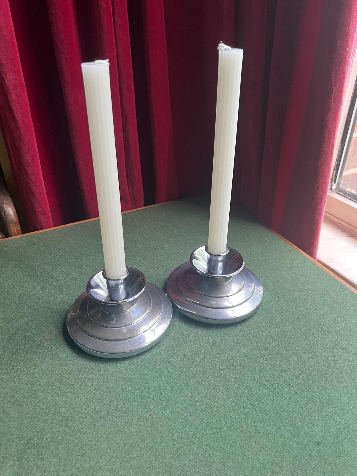 Pair Of Art Deco Style Silver Tone Candlesticks. Stepped Design Metal Candle Holders.