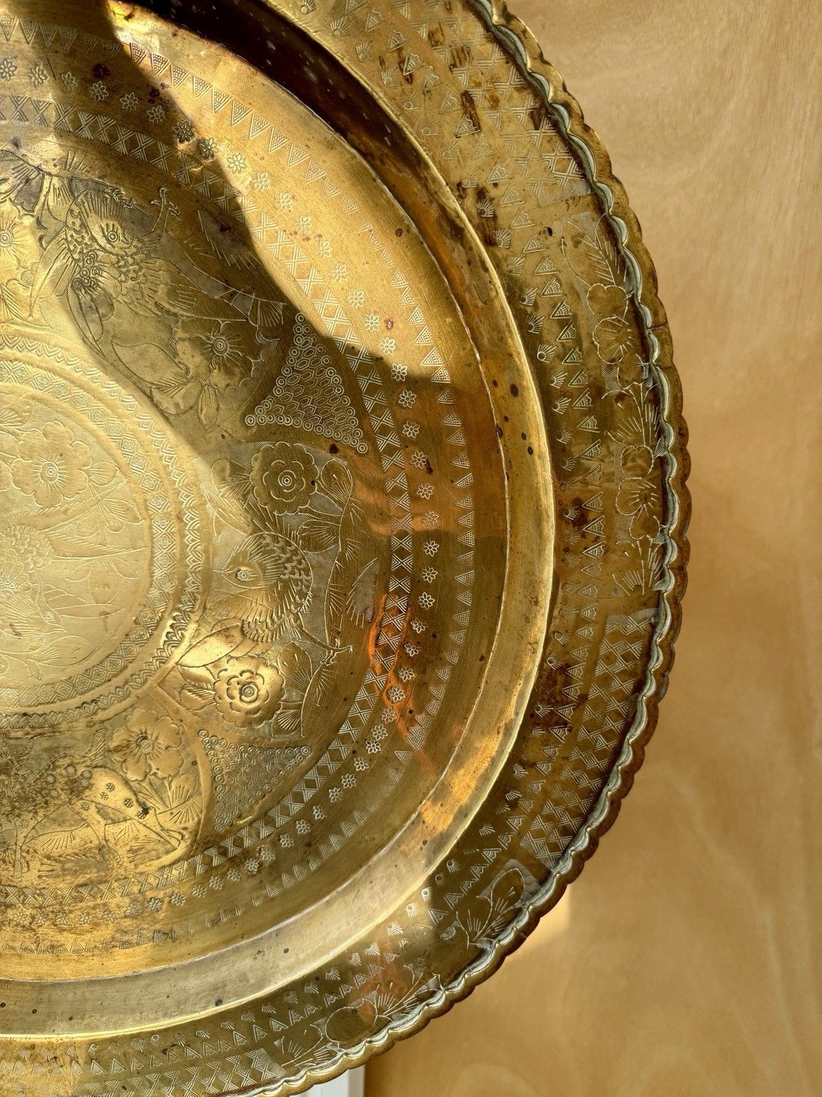 Vintage Large Brass Hammered Tray Animals & Flowers Made In Hong Kong photo 60.0