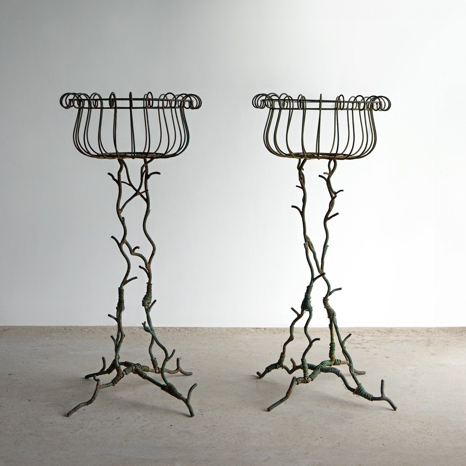 Pair Of Antique French Faux Bois Wrought Iron & Wirework Plant Stand Jardiniere photo Home Decor