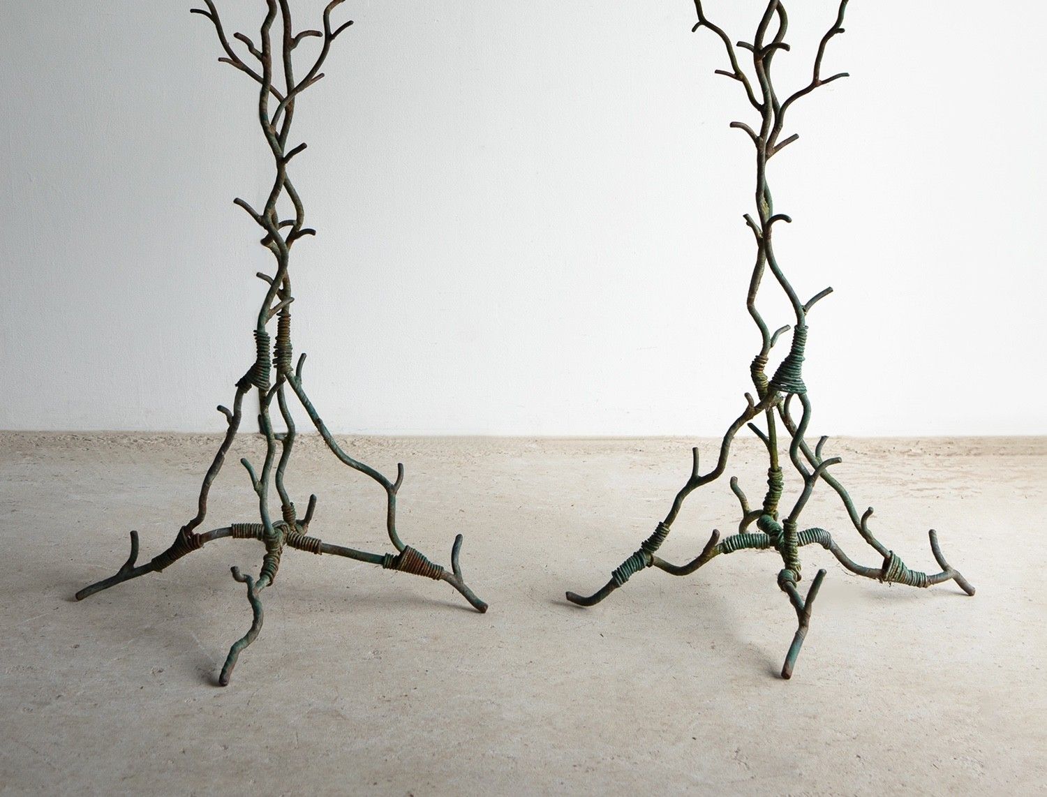 Pair Of Antique French Faux Bois Wrought Iron & Wirework Plant Stand Jardiniere photo vinterior