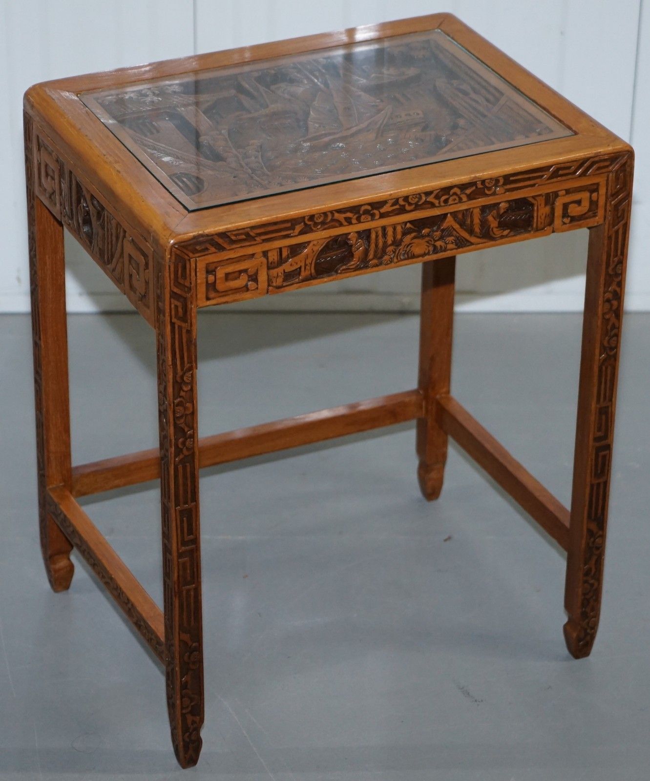 Carved Nest Of Chinese Tables Depicting Scenes Of Noblemen Dragon Boat Flowers photo 600.0