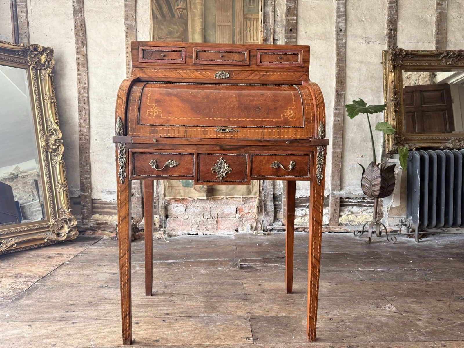 French Empire Louis XVI Marquetry Burr Antique Desk Roll Top Bureau Desk C 1880 photo Furniture