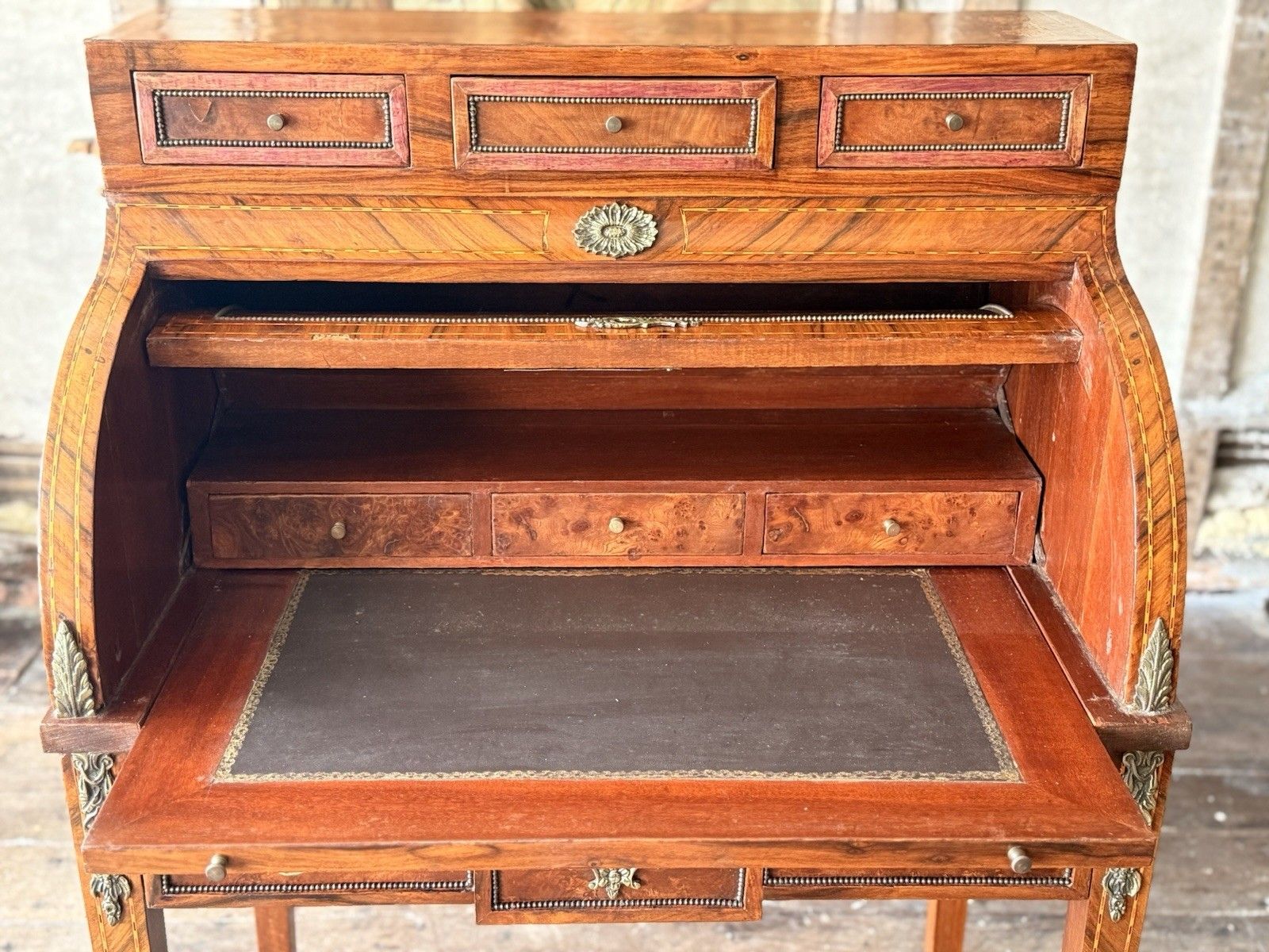 Furniture French Empire Louis XVI Marquetry Burr Antique Desk Roll Top Bureau Desk C 1880 photo