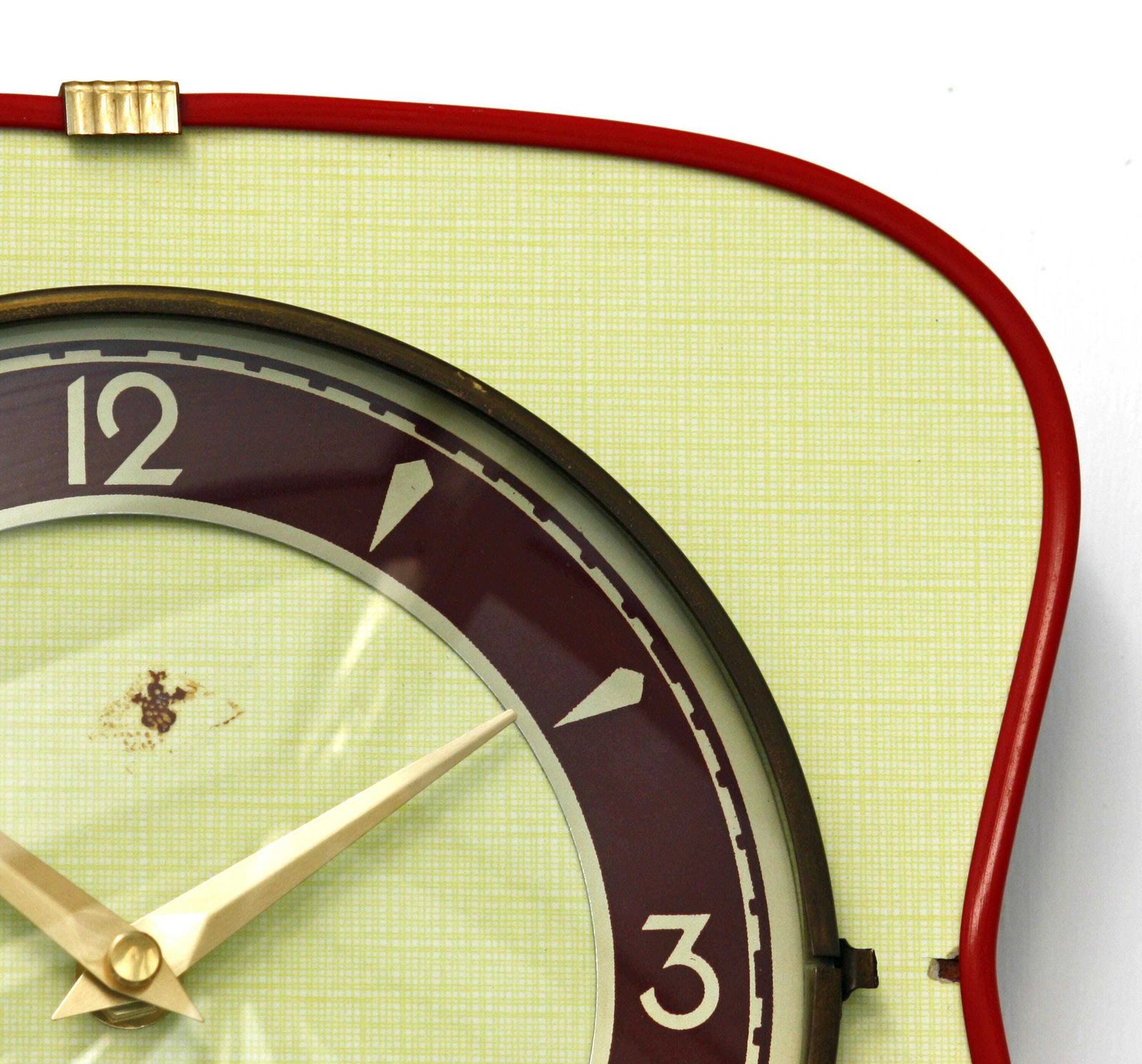 Vintage Yellow Wall Clock   25cm French Reg Mid Century Style Wooden Yellow Formica Retro Wooden 1960s Atomic Gift Off The Wall Clocks photo for sale