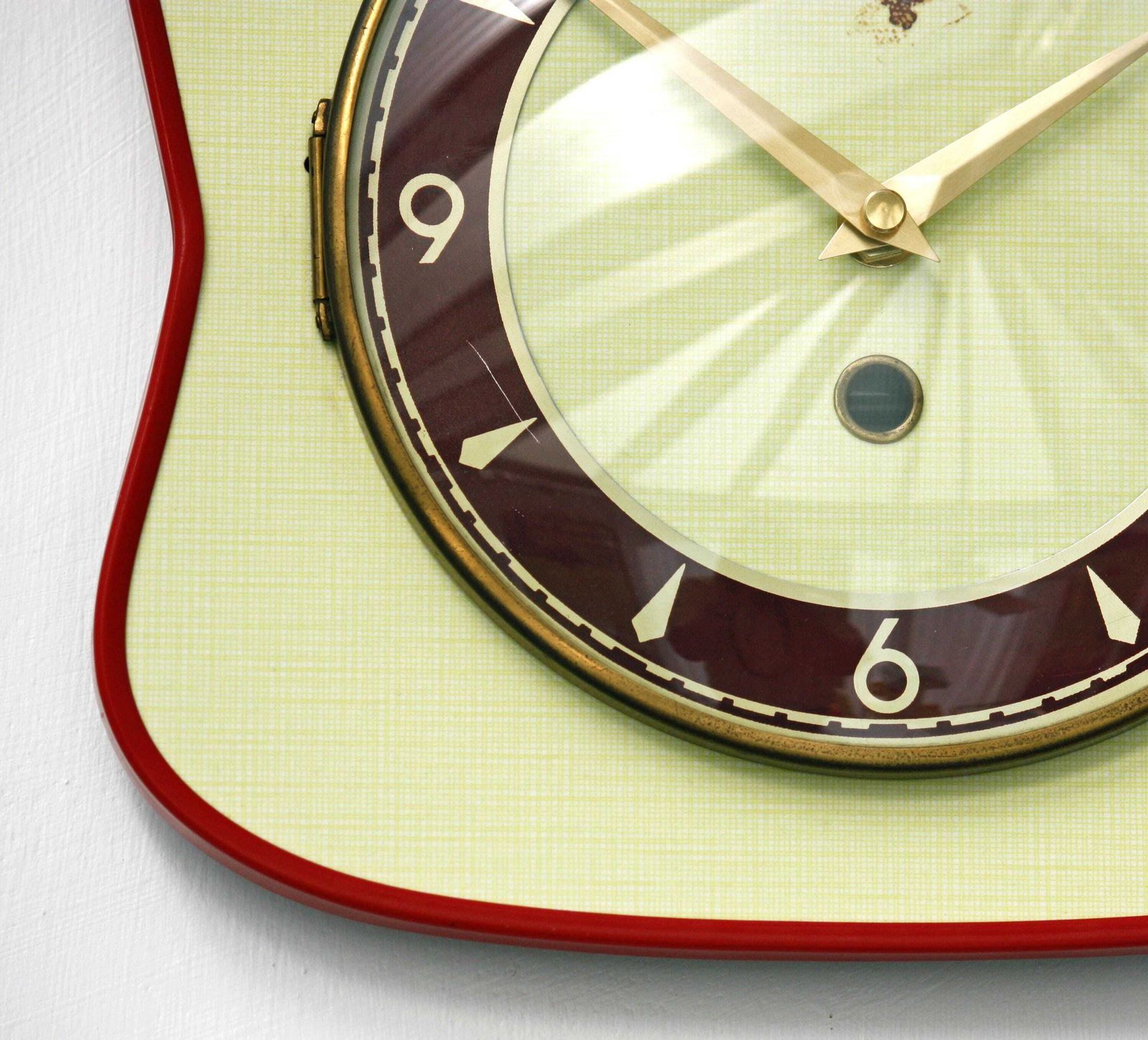 Vintage Yellow Wall Clock   25cm French Reg Mid Century Style Wooden Yellow Formica Retro Wooden 1960s Atomic Gift Off The Wall Clocks photo Home Decor
