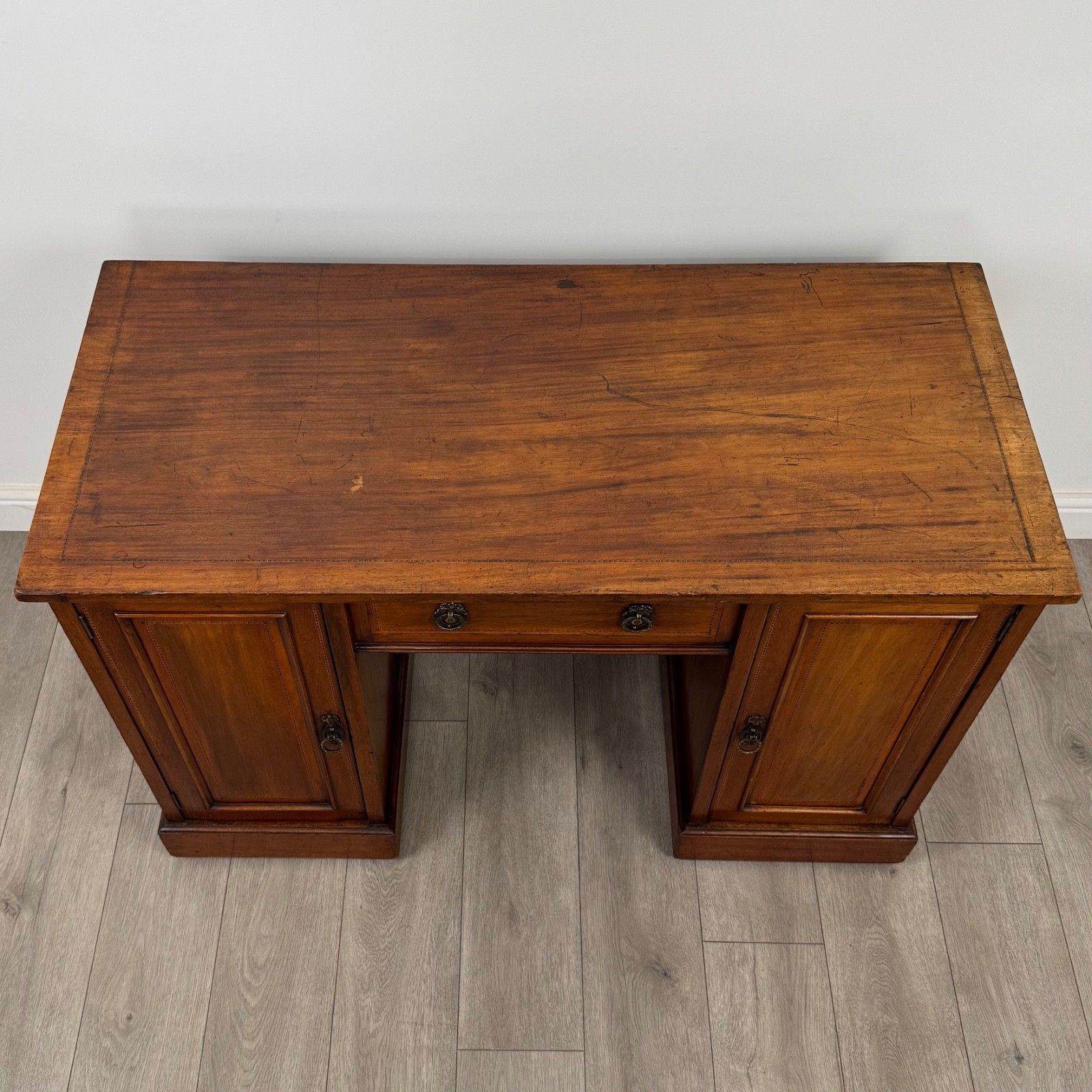 photo for sale Antique 19th Century Inlaid Kneehole Desk In Mahogany